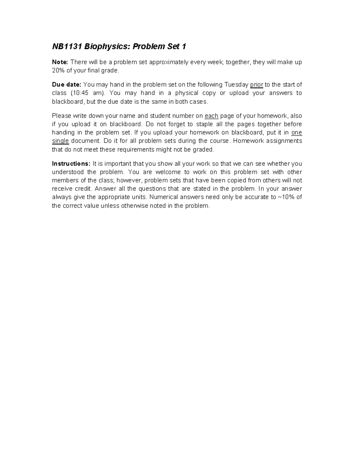 NB1131 Biophysics: Problem Set 1-4 Solutions and Instructions - Studeersnel
