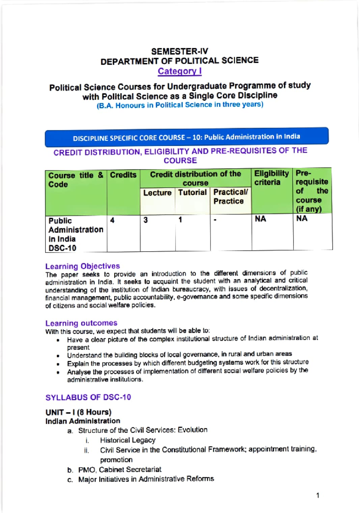 Syllabus 4th - DEPARTMENT OF POLITICAL SCIENCE Political Science ...