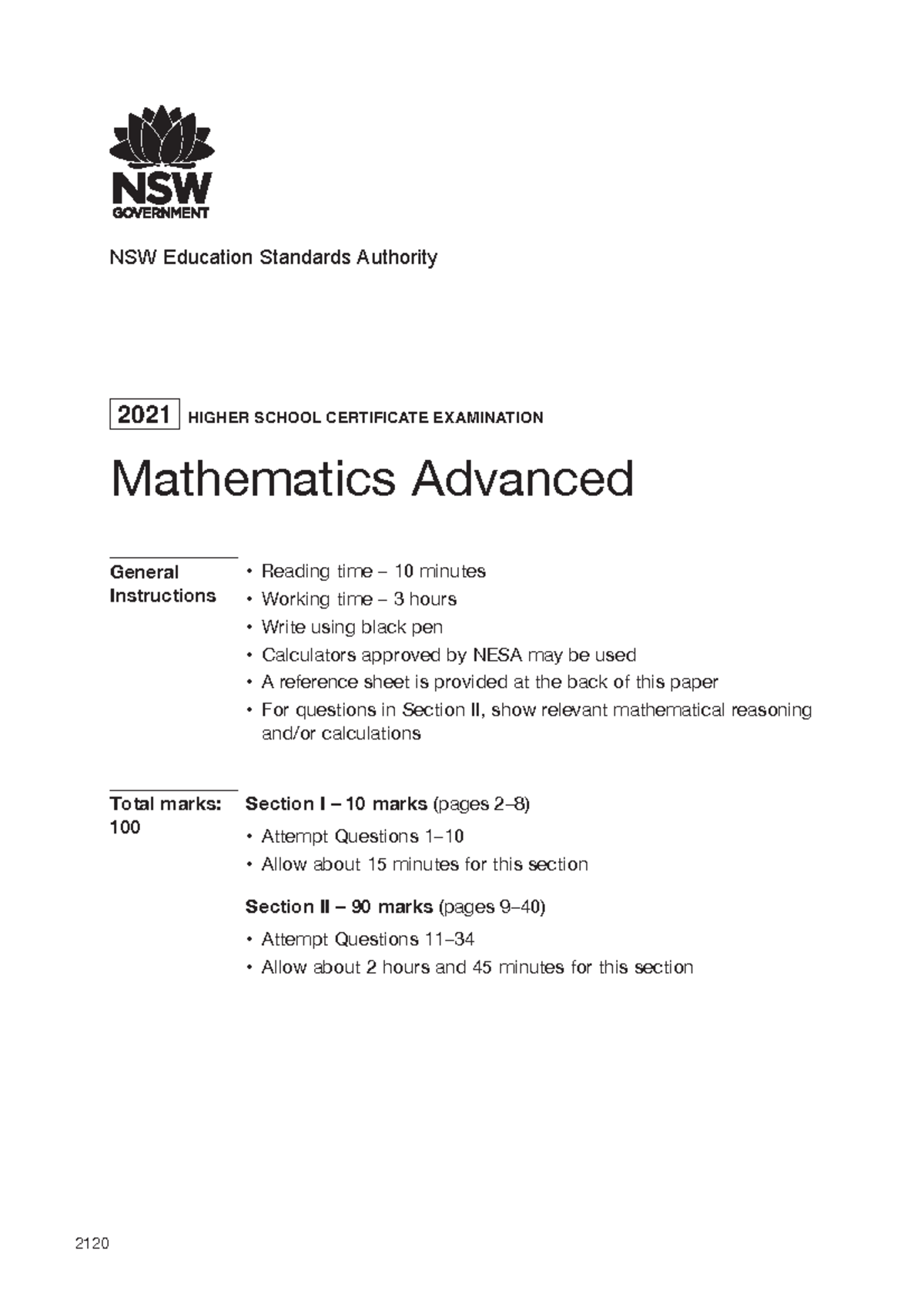 2021 HSC Mathematics Advanced Final Exam Guide - Studocu