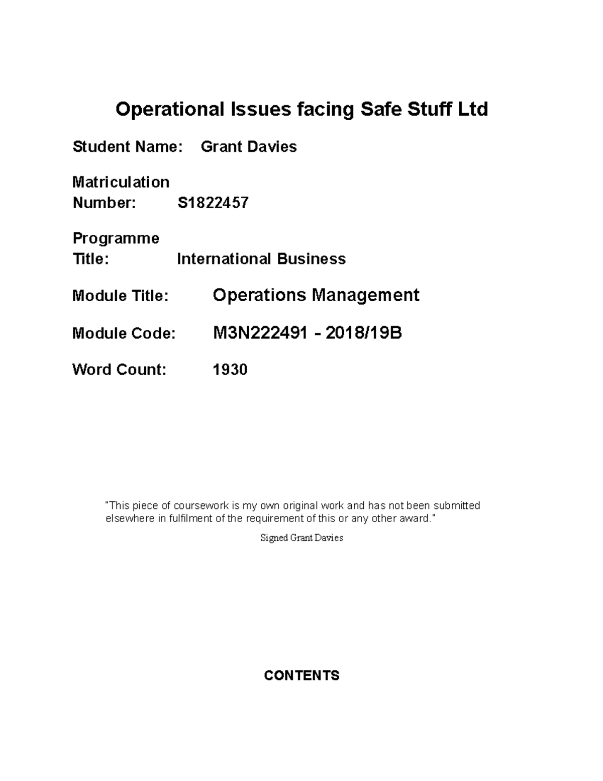 Report on Operational Issues facing Safe Stuff Ltd - Operational Issues ...