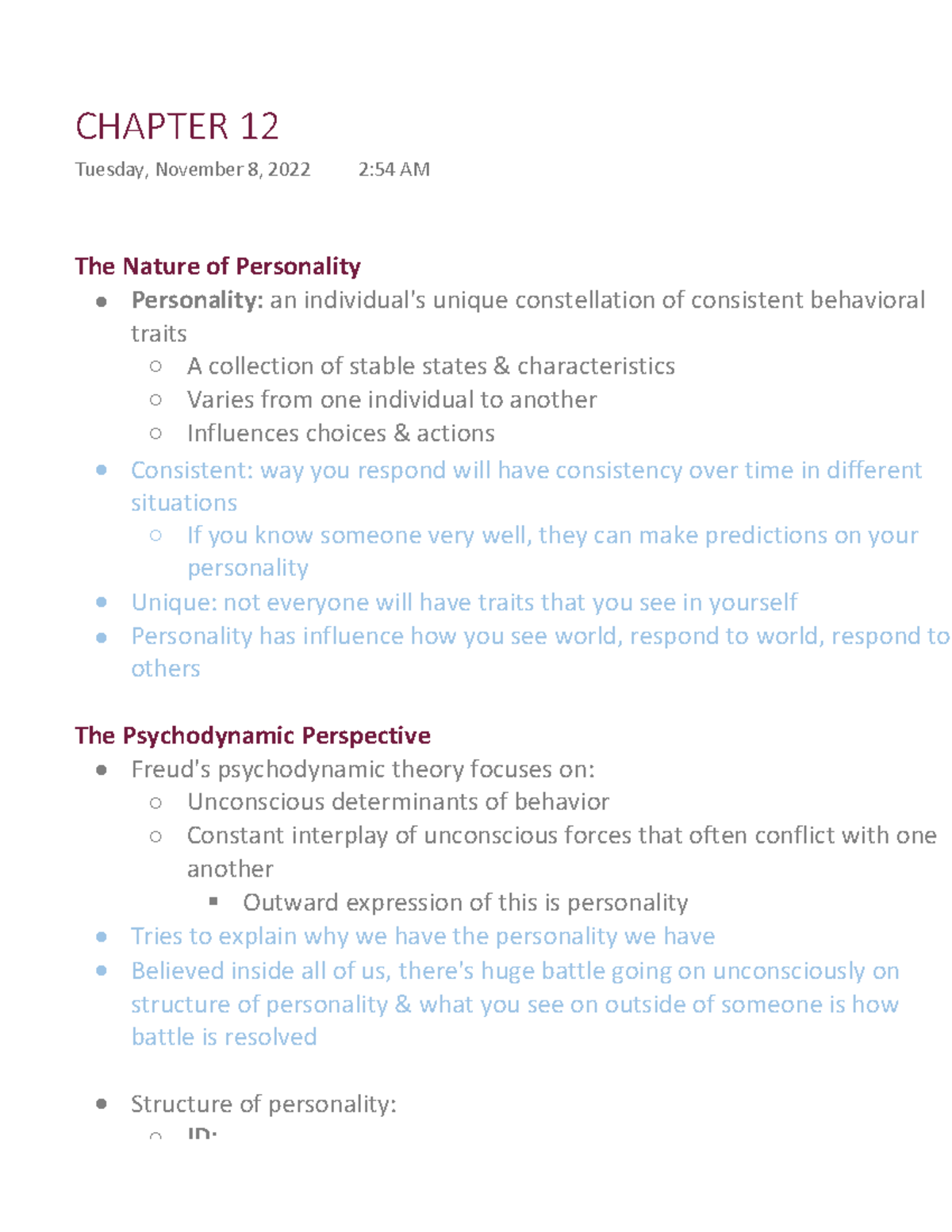 Chapter 12 - Lecture note - The Nature of Personality Personality: an ...