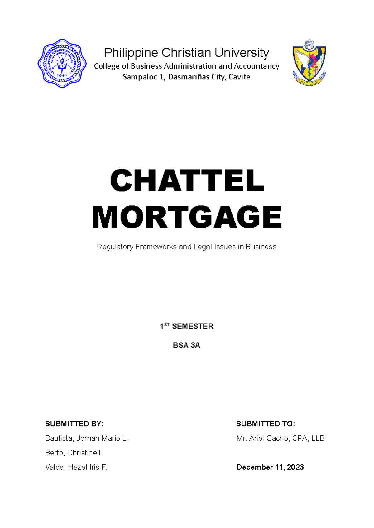 Chattel Mortgage: Regulatory Frameworks & Legal Issues (BSA 3A) - Studocu