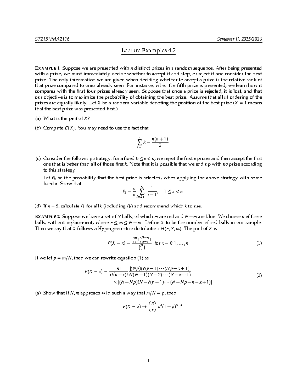 Semester II, Lecture Examples: Probability and Hypergeometric ...