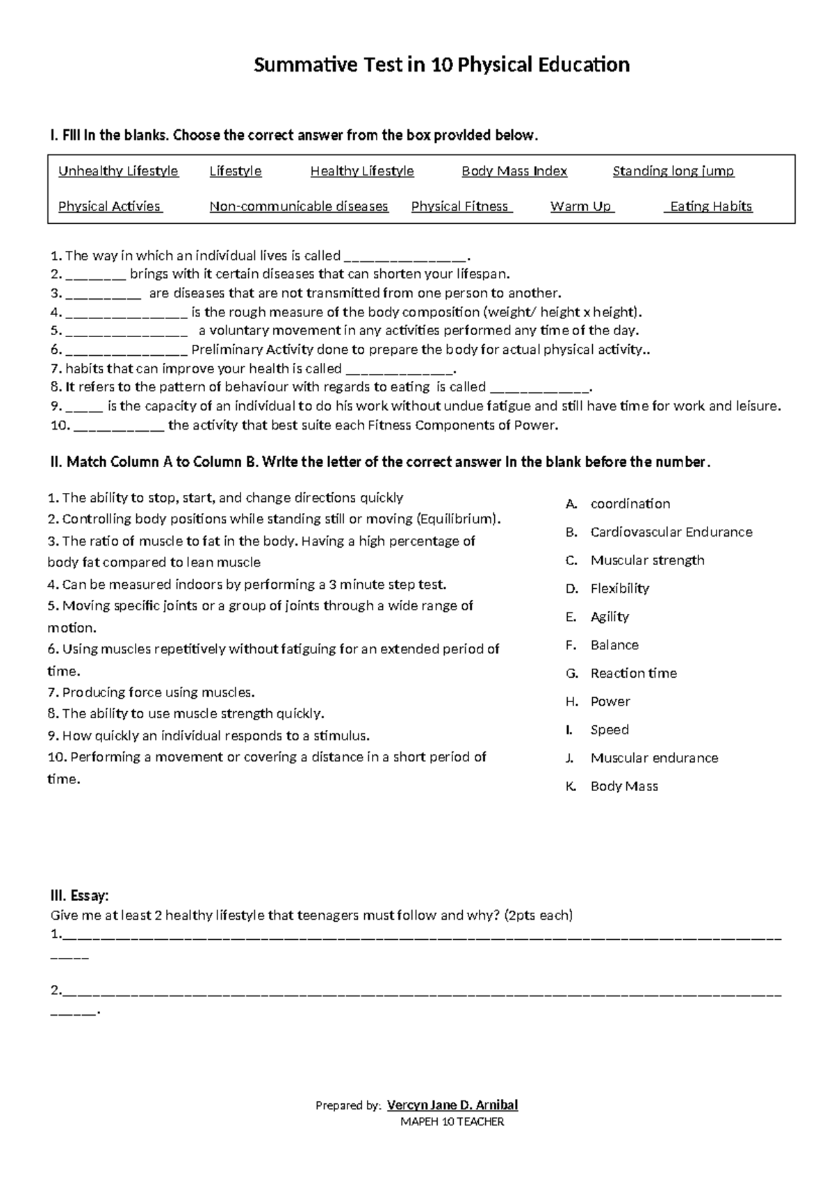 Physical Education 10 Summative Test: Healthy Lifestyle & Fitness - Studocu