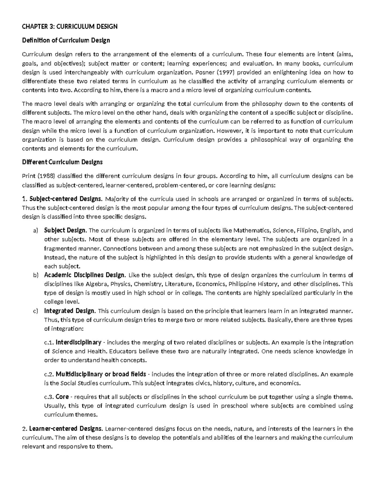 CHAPTER 3: CURRICULUM DESIGN - Key Concepts and Elements - Studocu