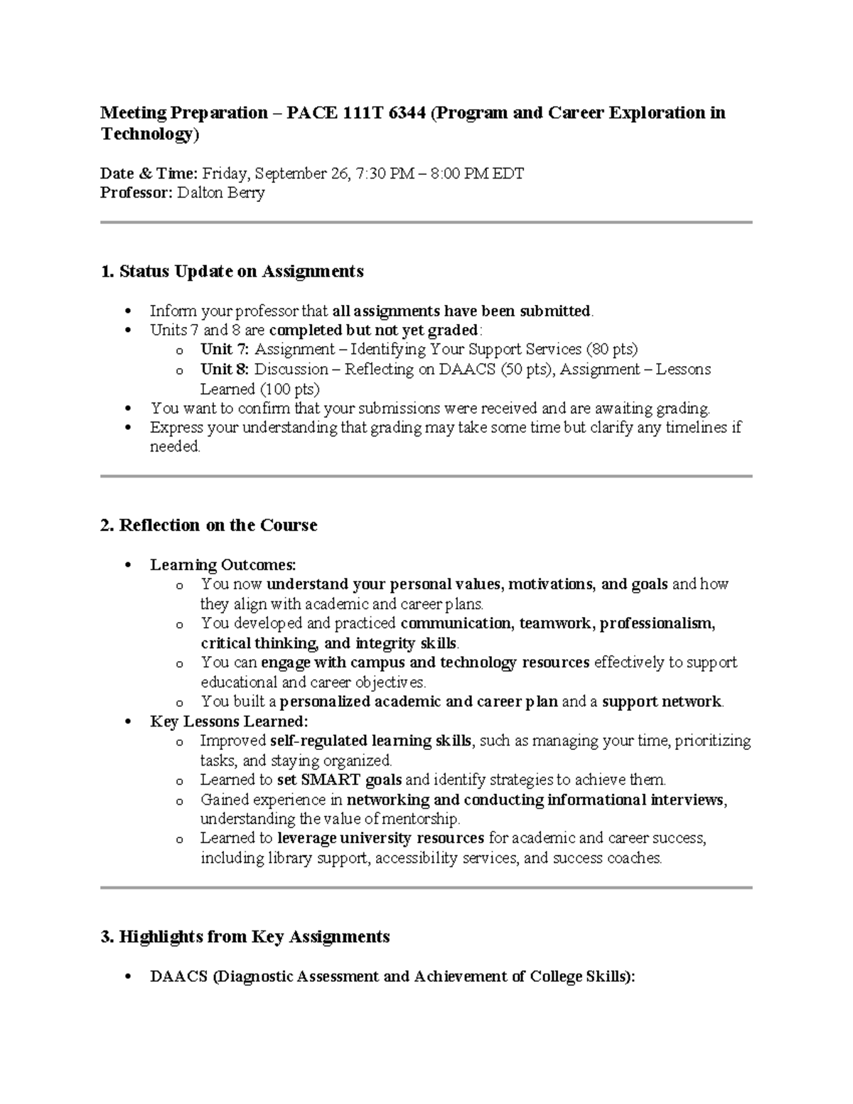 Meeting Prep Notes for PACE 6344 - Career Exploration in Tech - Studocu