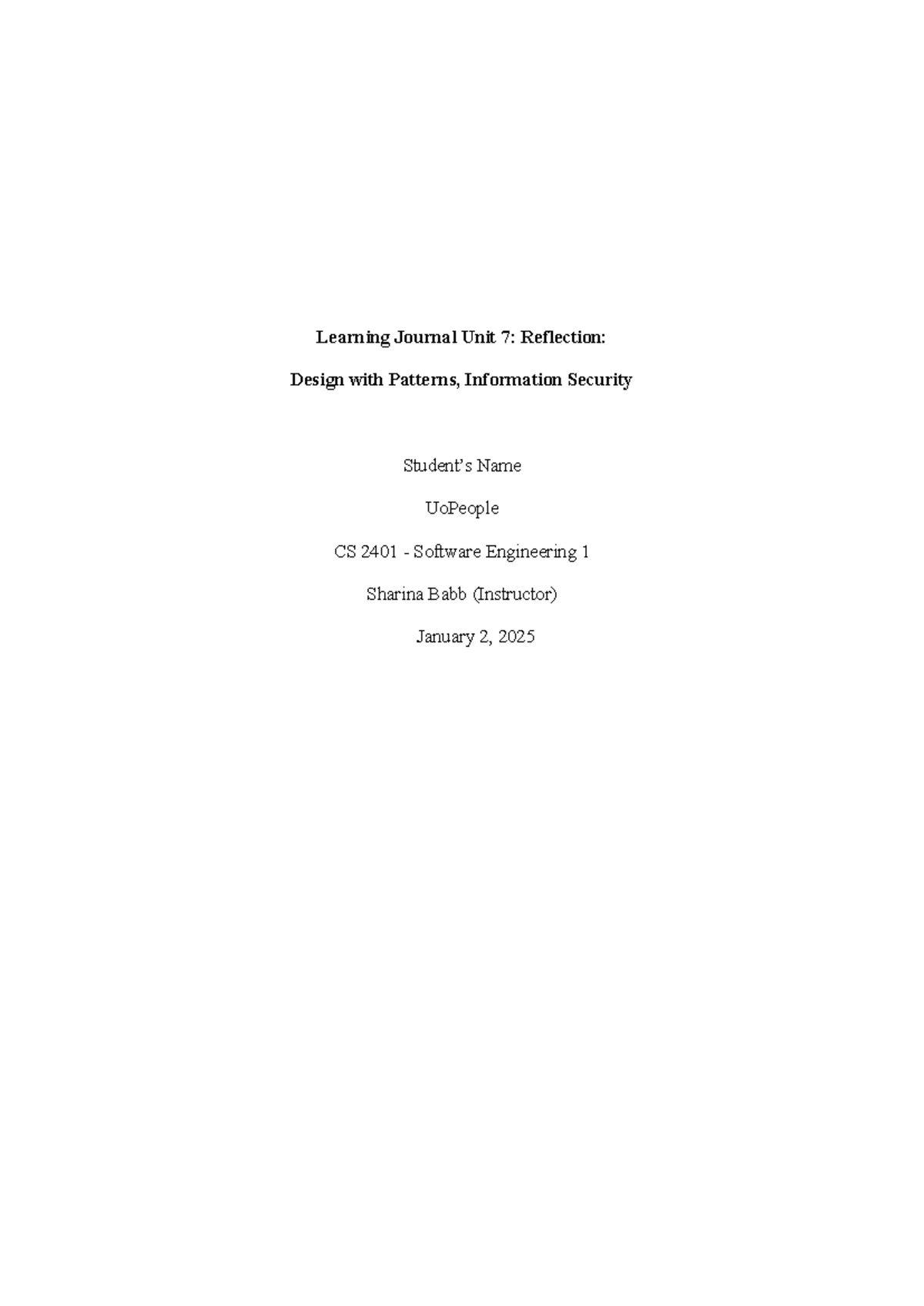 Software Engineering Unit 7 - Learning Journal Unit 7: Reflection ...