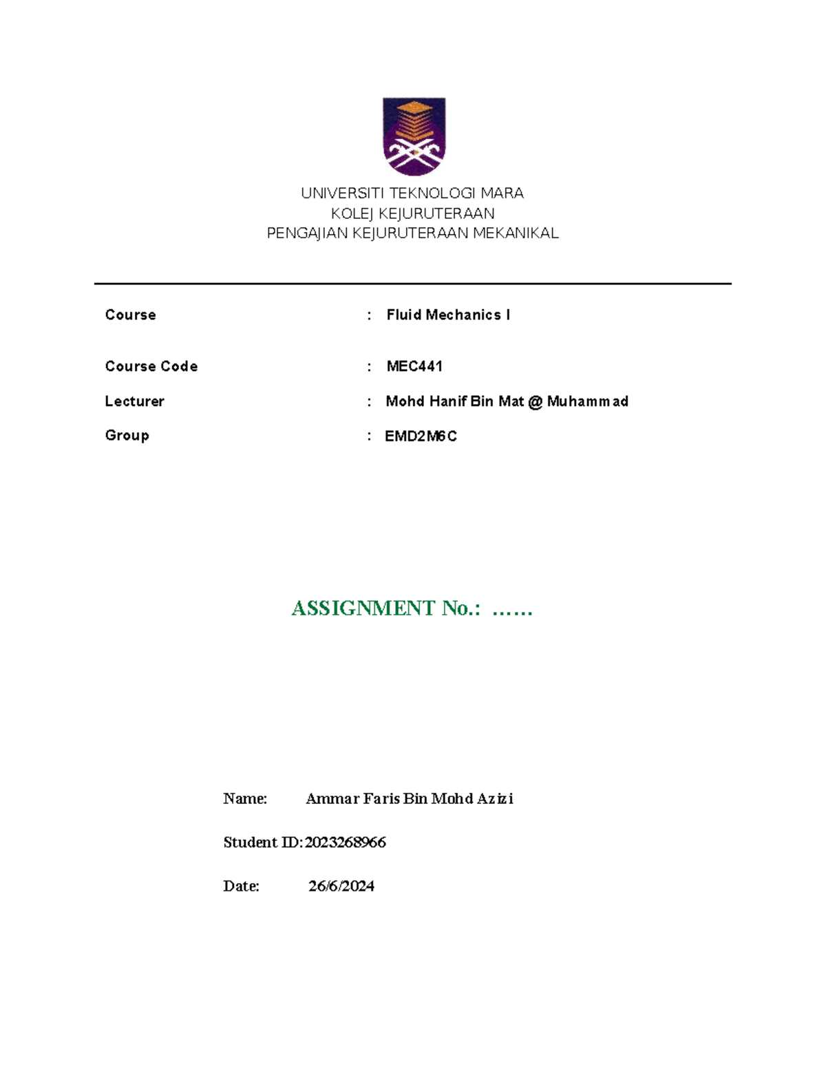 Assignment 4 MEC441: Fluid Mechanics I Guidelines - June 2024 - Studocu