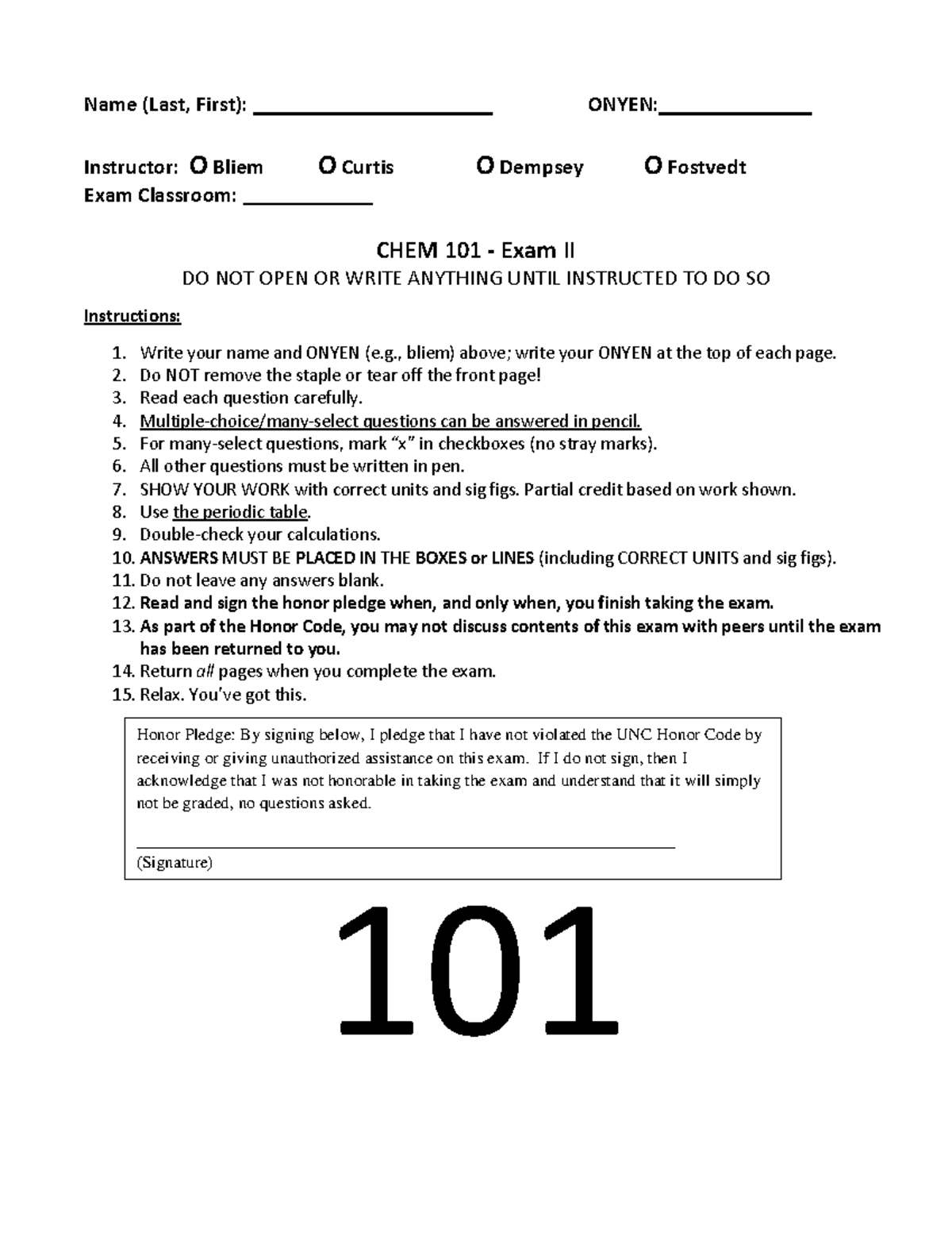 CHEM 101 - Fall 2022 Exam II Practice Test and Guidelines - Studocu