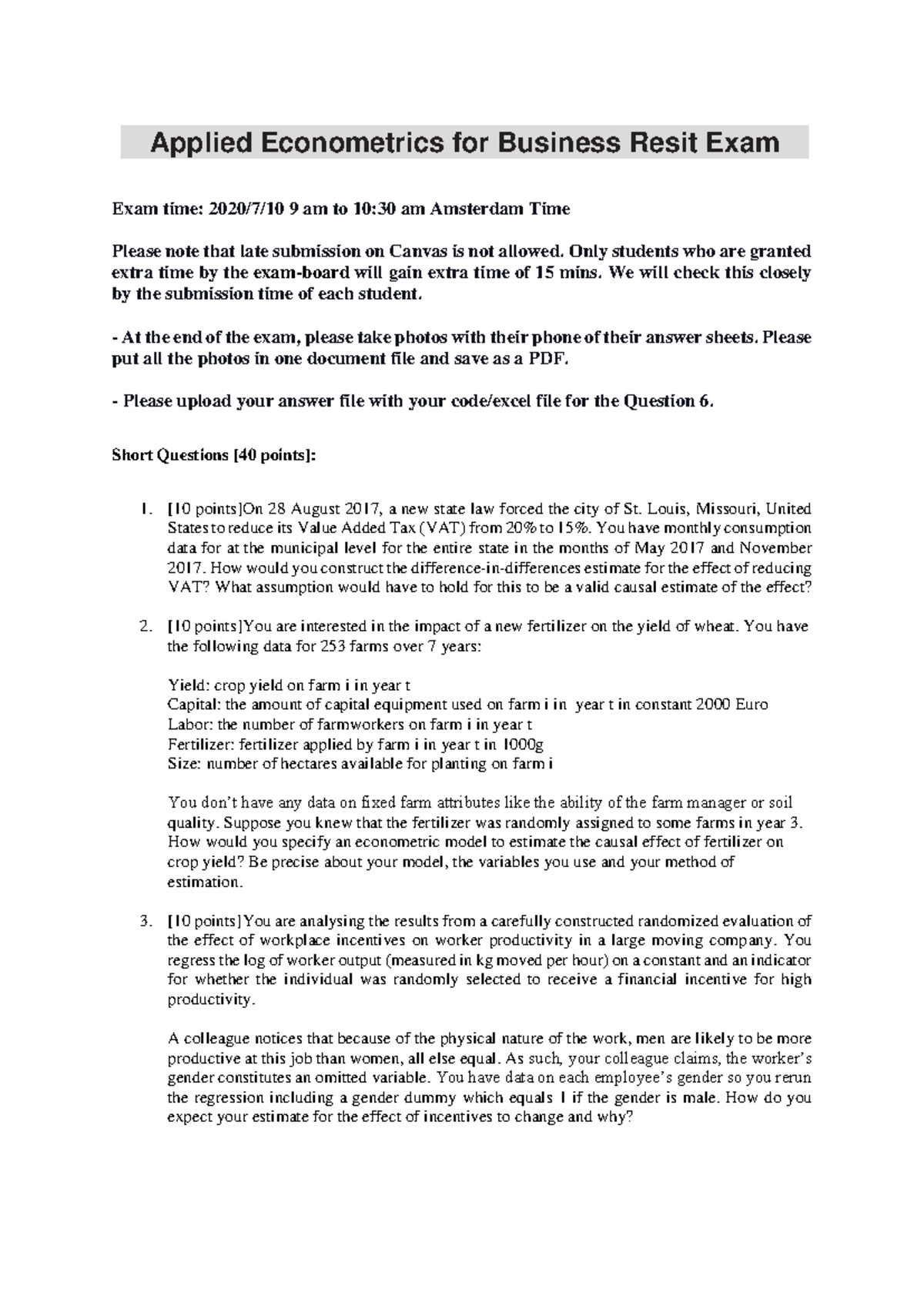 Applied Econometrics for Business Resit Exam Qs 2020 6013B0519Y ...