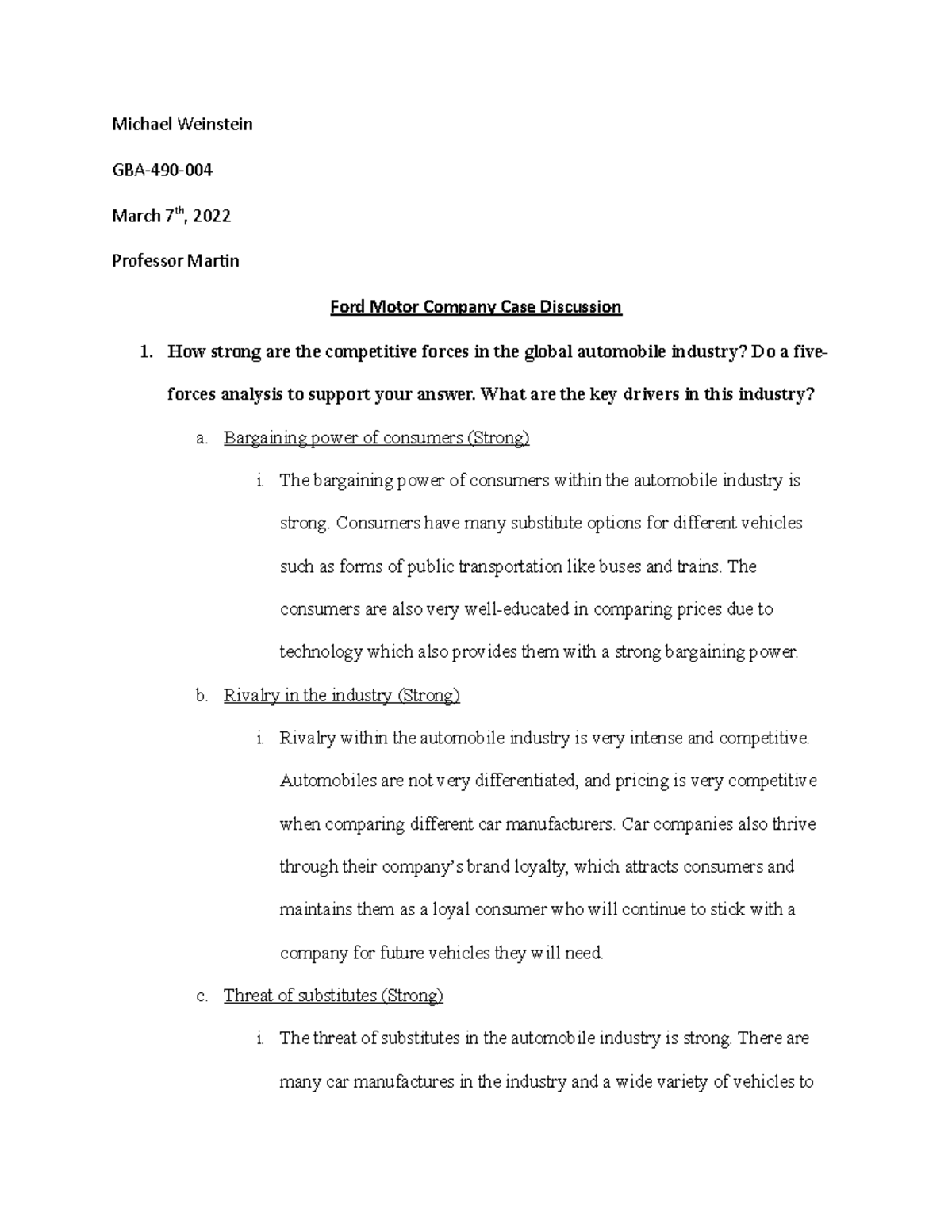Ford Motor Company Case Analysis - GBA-490 Homework Discussion - Studocu