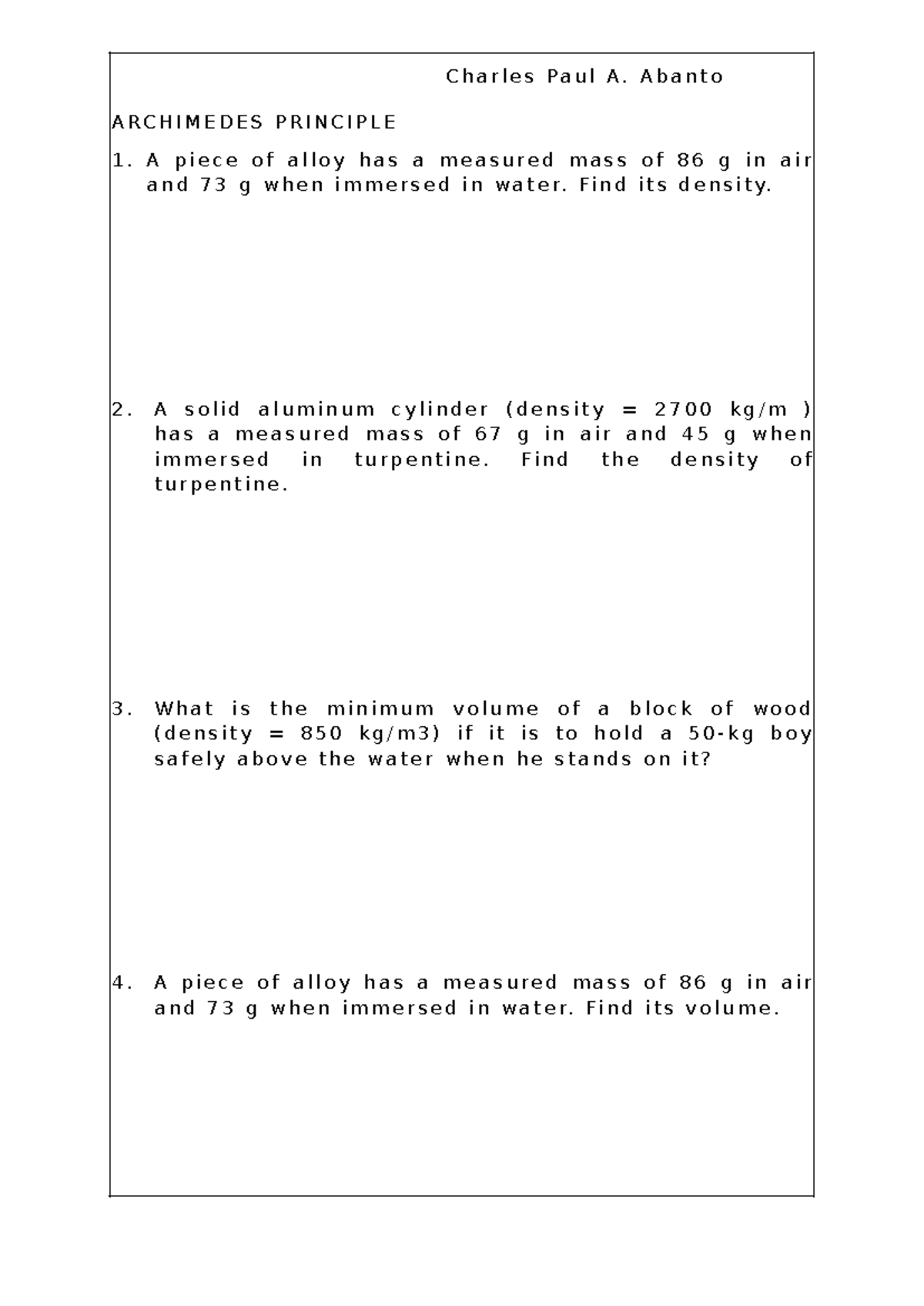 BSEE 3A: Practice Problems on Archimedes Principle & Fluid Mechanics ...