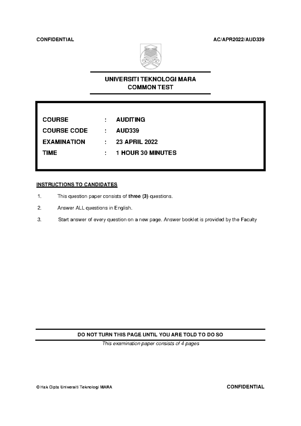 CT AUD339 APR2022 Common Test: Auditing Questions & Instructions - Studocu