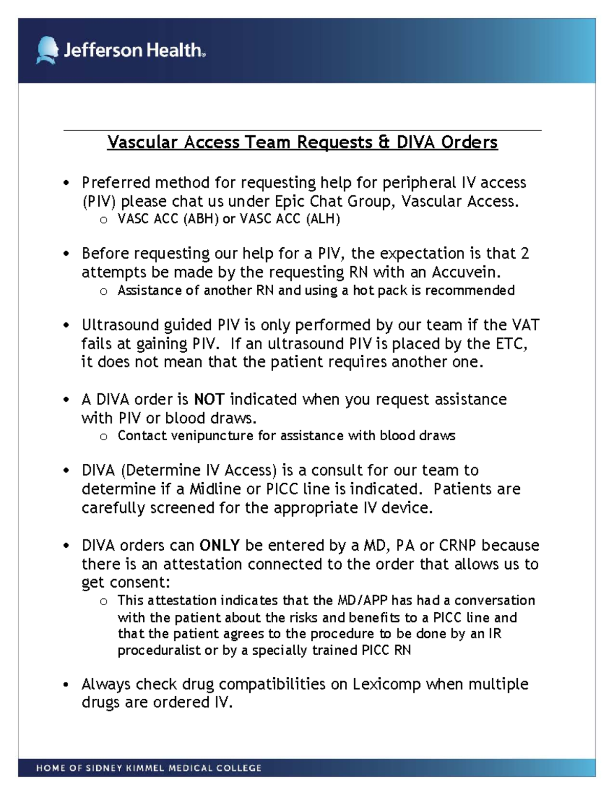 VAT and DIVA Orders Education Guide for Peripheral IV Access - Studocu