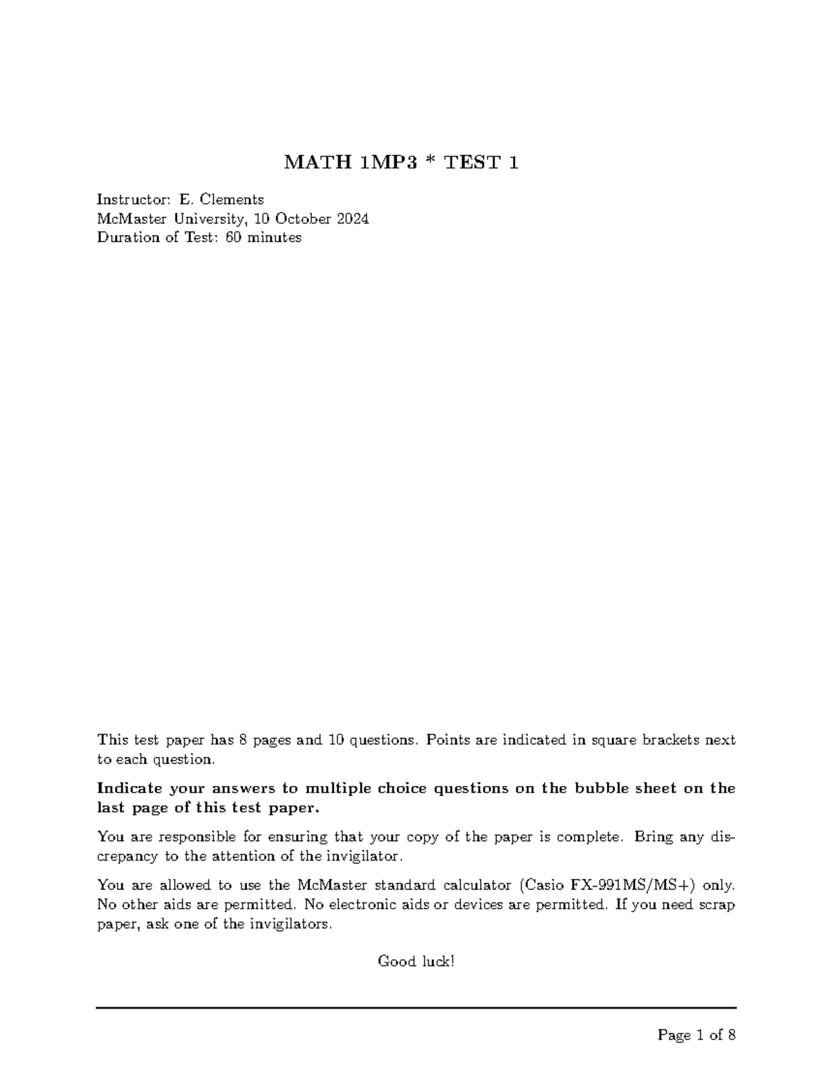 MATH 1MP3 F2024+ - Past Midterm Test 1 Review Notes - Studocu