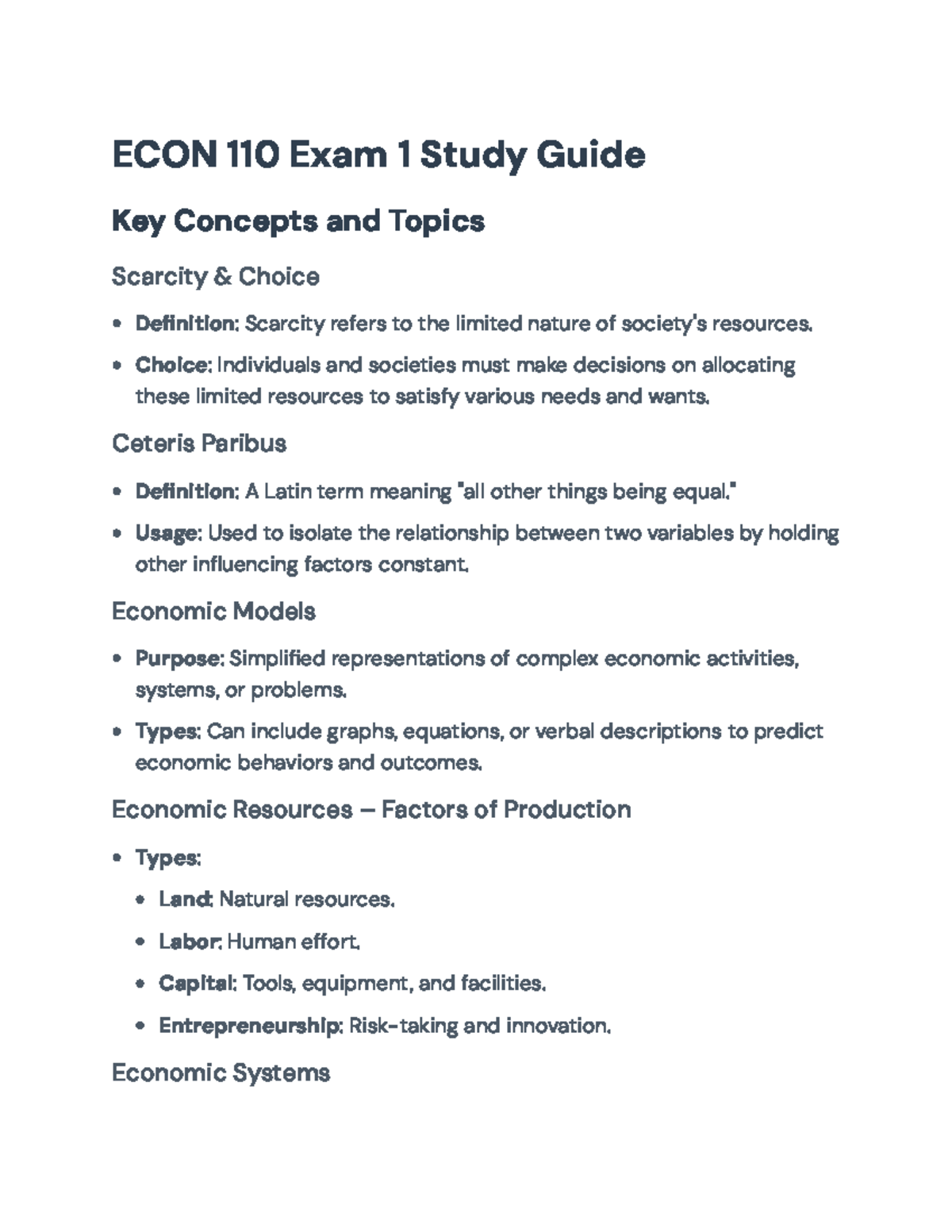 ECON 110 Final Exam Study Guide: Key Concepts and Topics - ECON 110 ...