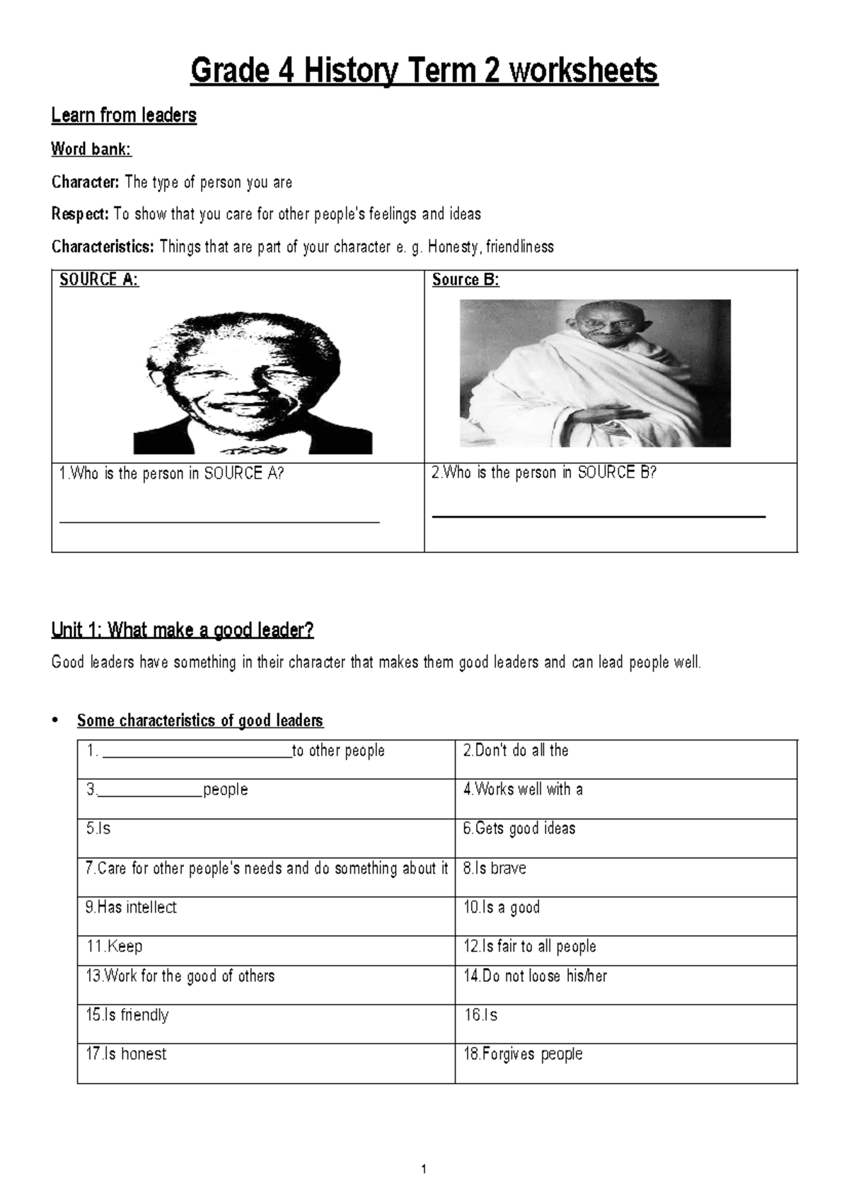 Gr. 4H Term 2 History Worksheets: Learning from Leaders - Studocu