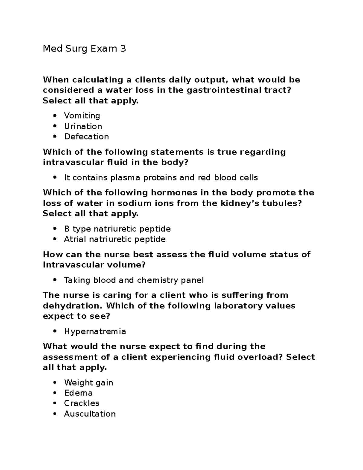 Med Surg Exam 3 - Key Concepts and Nursing Considerations - Studocu