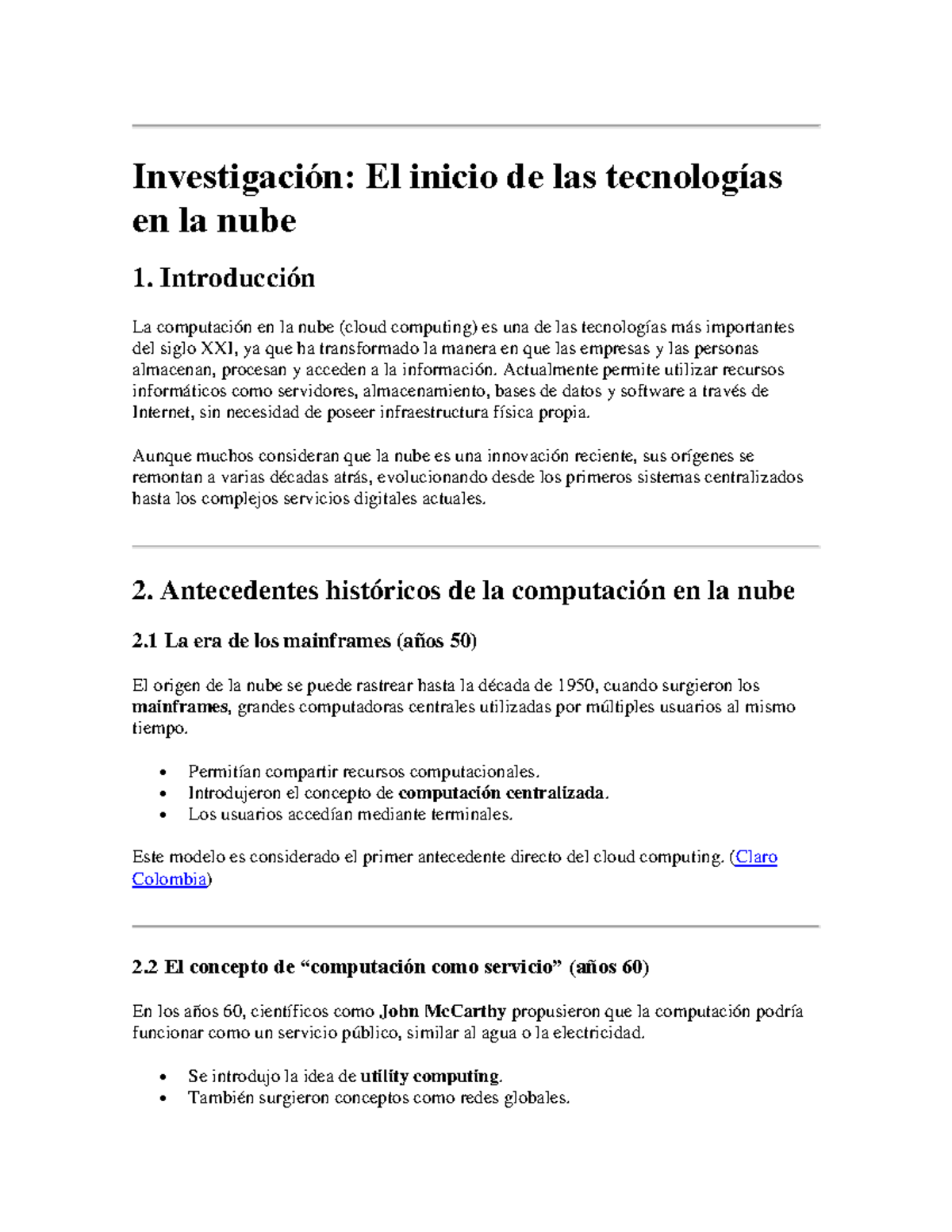 Investigación: Historia y Evolución de la Computación en la Nube - Studocu