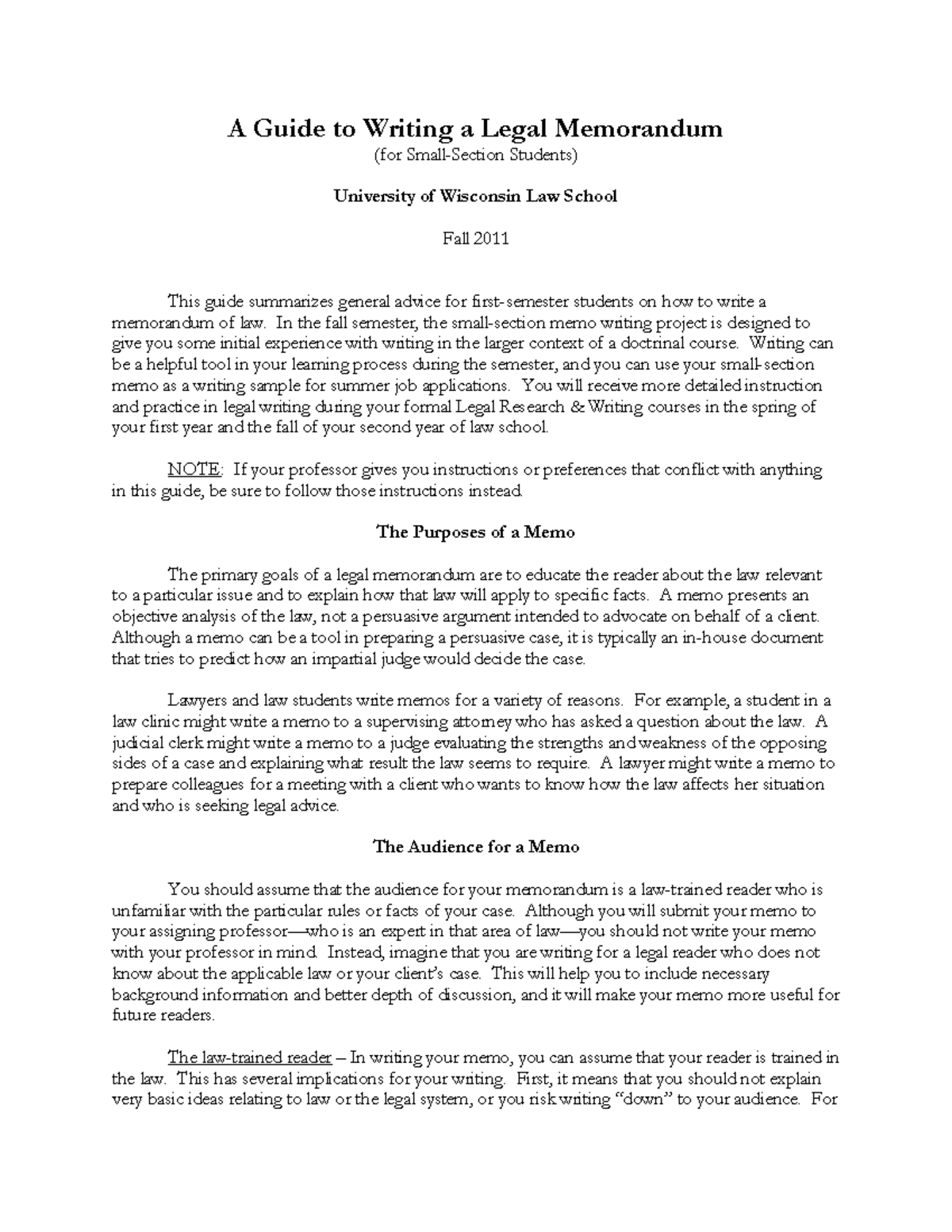 A Guide to Writing a Legal Memorandum - UW Law School (Fall 2011) - Studocu