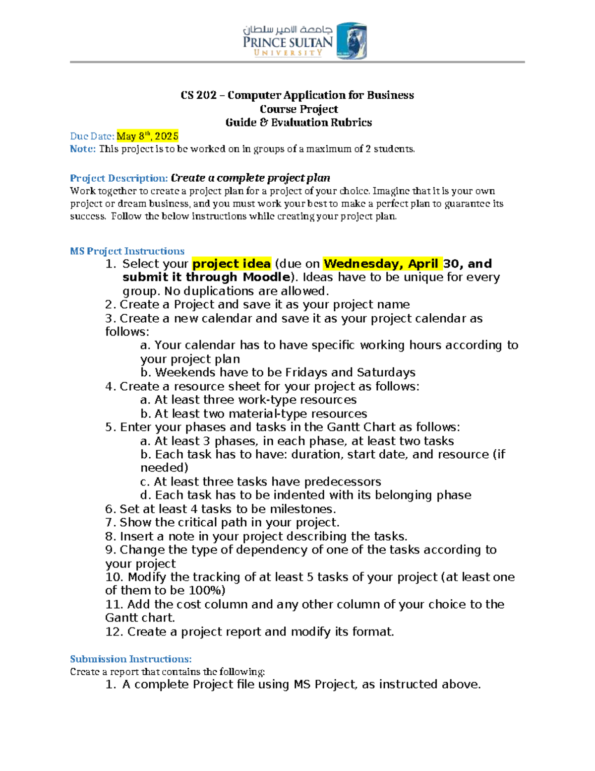 CS 202 Course Project Guide: MS Project Plan & Evaluation Rubrics - Studocu