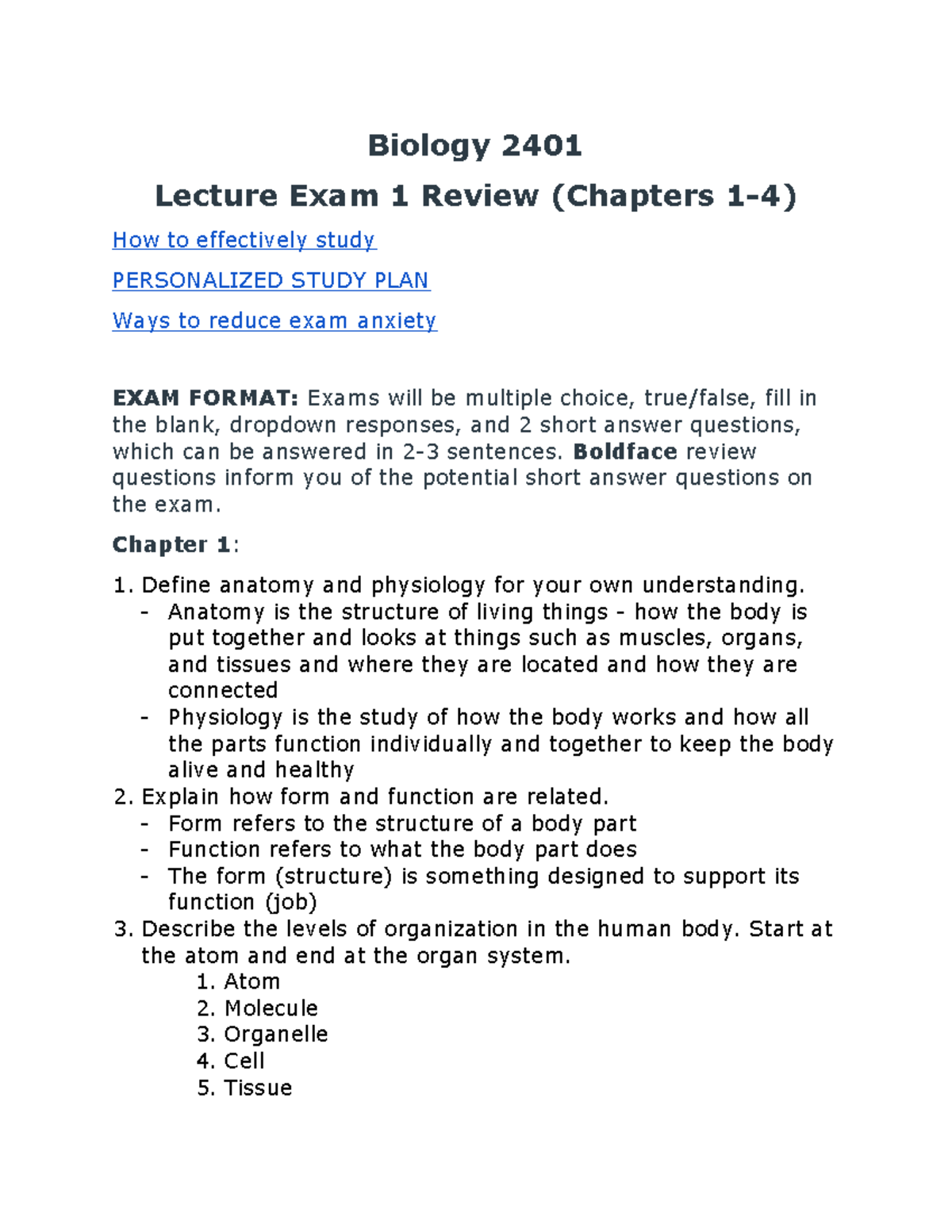 Biology 2401 Lecture Exam 1 Review: Key Concepts & Study Strategies ...