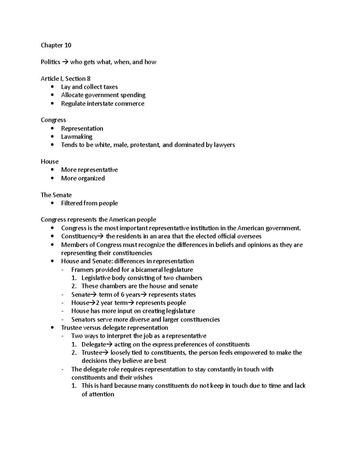 Chapter 10 - Class Notes on Congress and Political Representation - Studocu