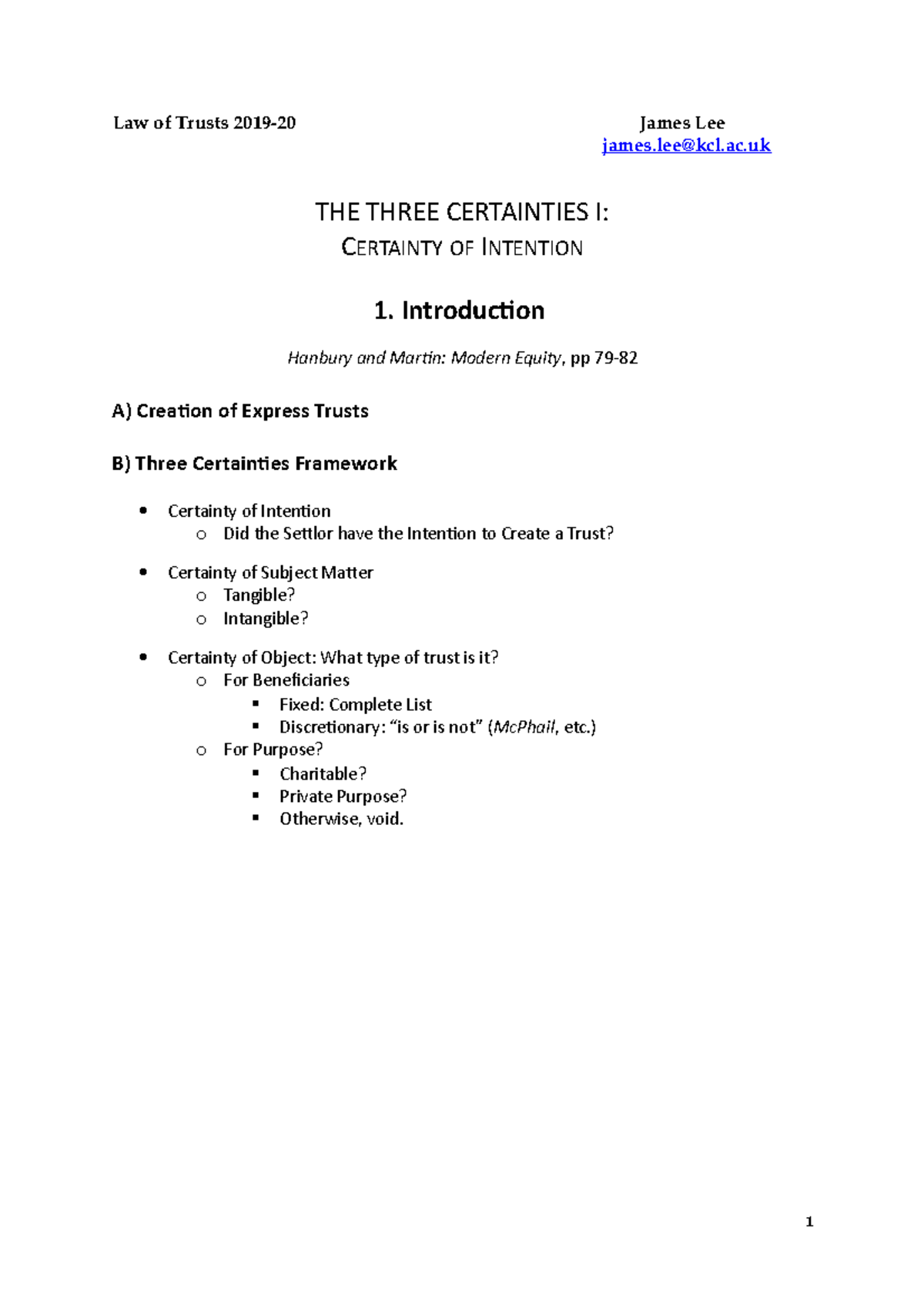 Trust Law Lecture 9: Certainty of Intention in Trust Creation - Studocu