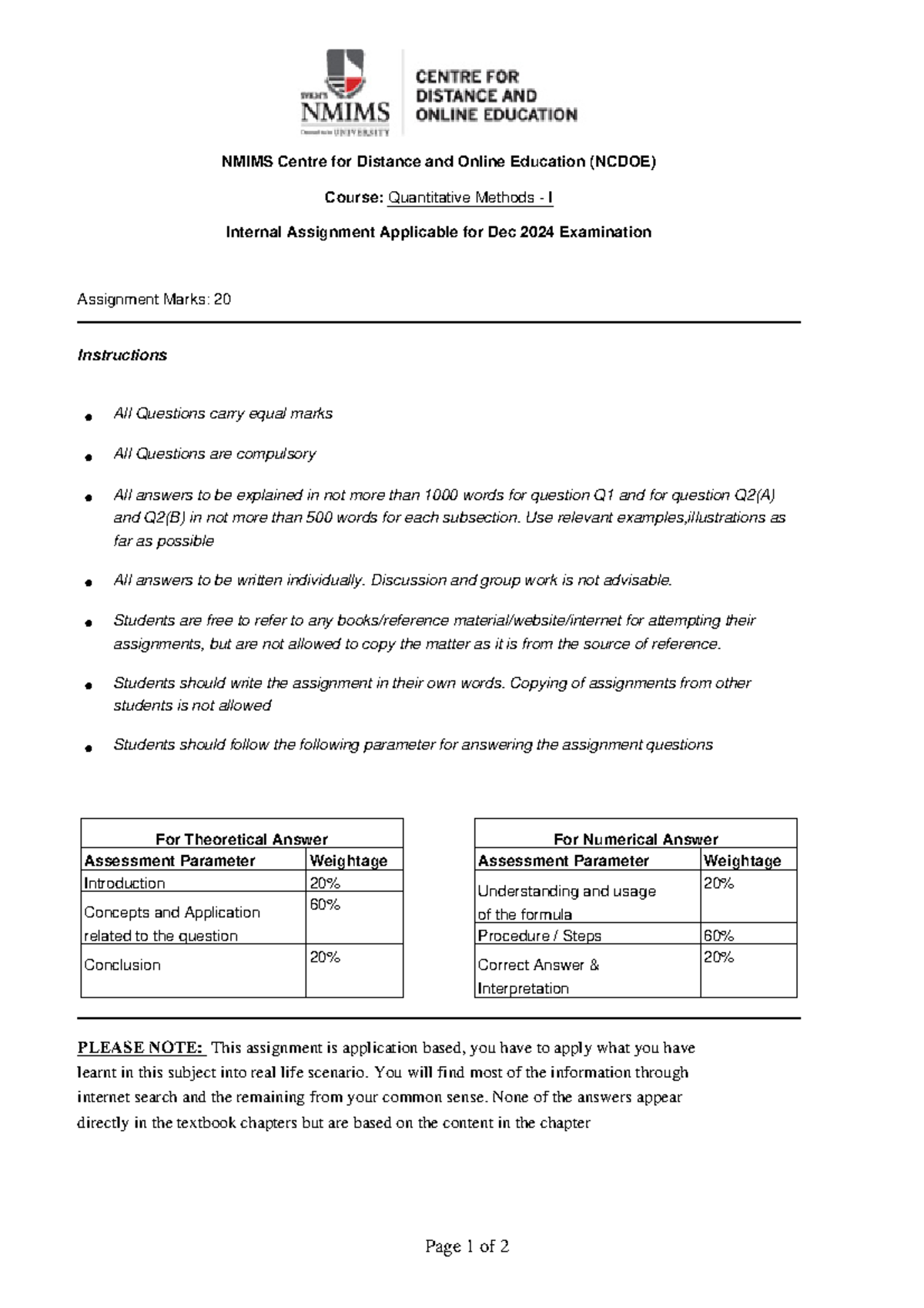 Quantitative Methods - I Internal Assignment for Dec 2024 Exam - Studocu
