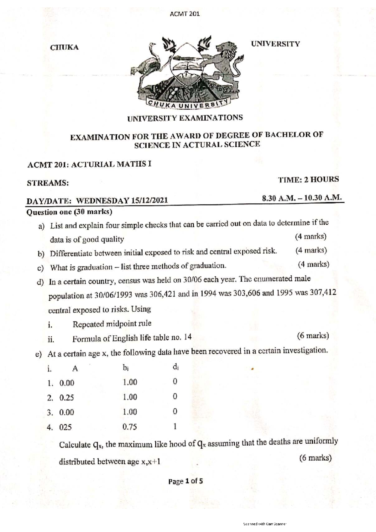 ACMT 201: Actuarial Maths I - University Exam Review Notes - Studocu