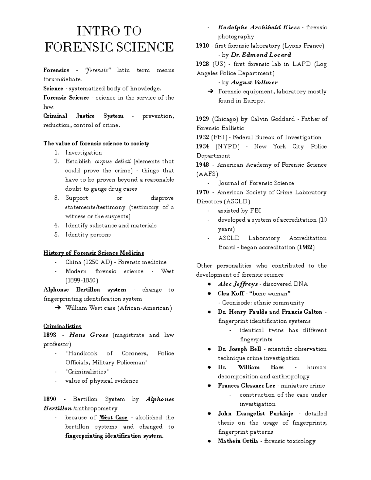 Intro To Forensic Science Notes Course Code Fs101 Studocu