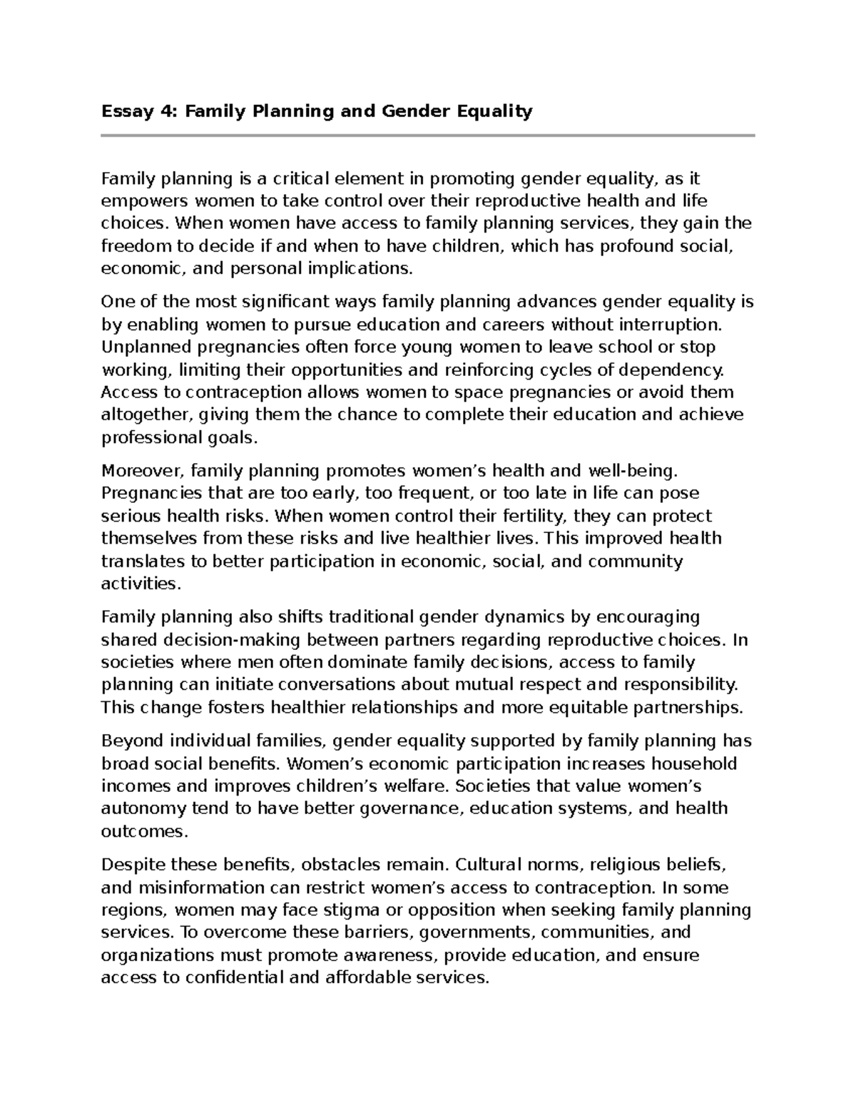Essay 4: Family Planning's Role in Empowering Women & Gender Equality ...