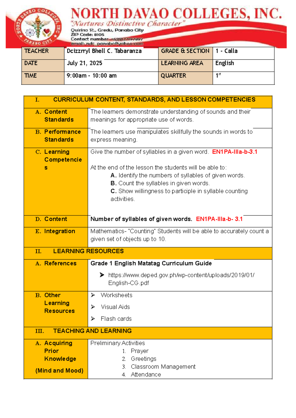 Matatag DLL English 1 Lesson on Syllables - Studocu