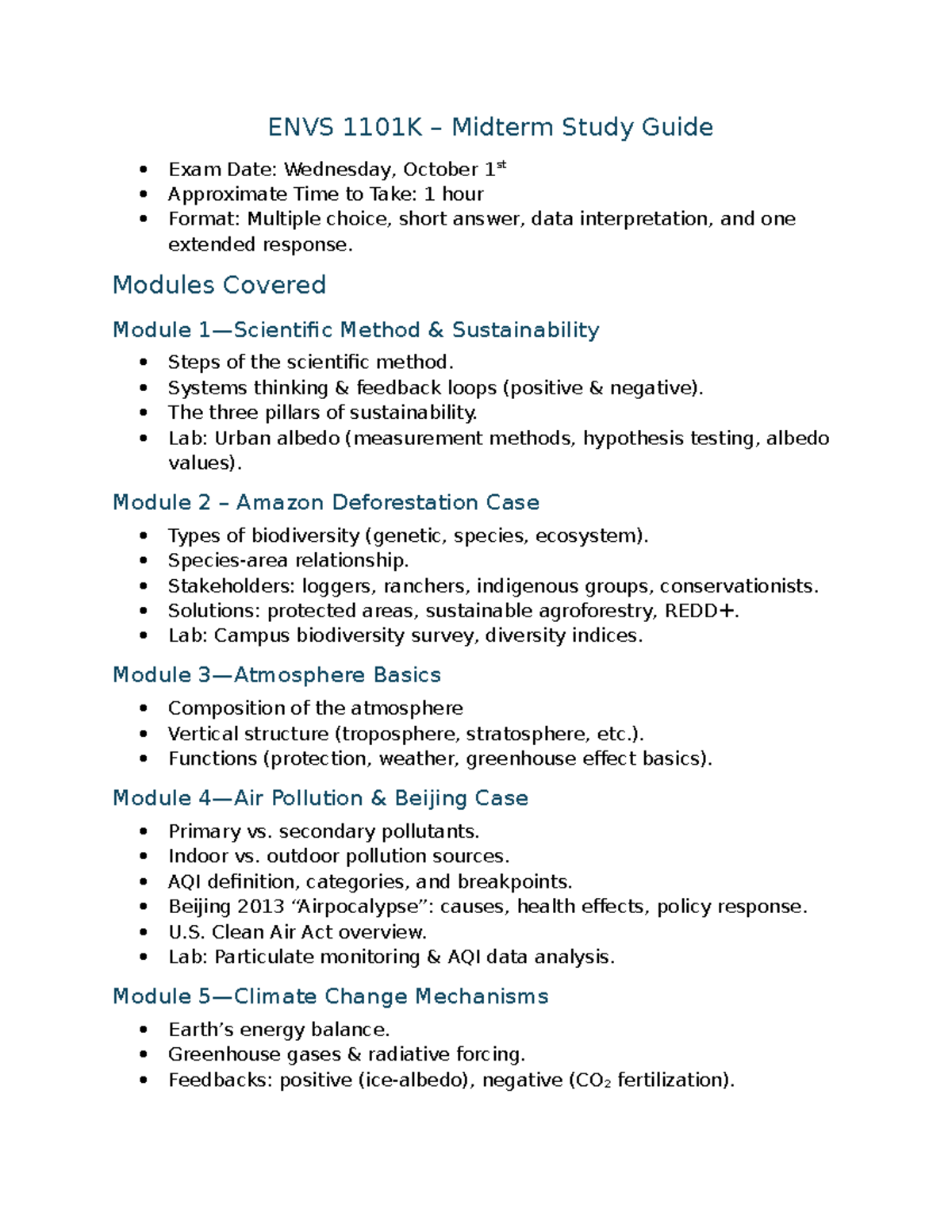 ENVS 1101K Midterm Study Guide: Sustainability & Climate Change - Studocu