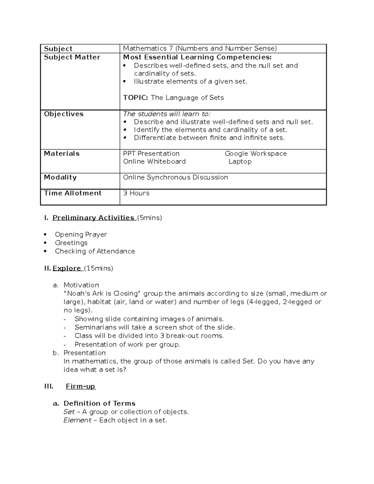 Mathematics 7 - LP: Language of Sets Sample Lesson Plan - Studocu