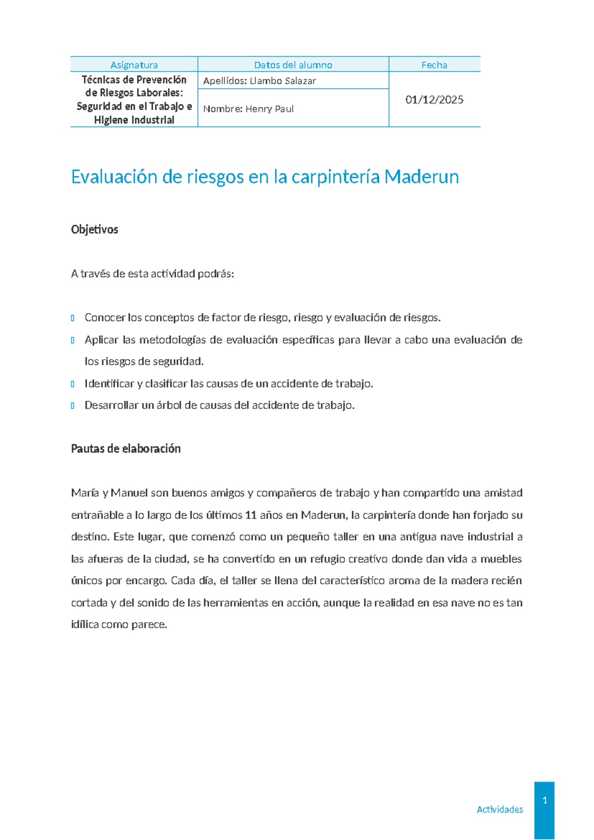 Evaluación de Riesgos Laborales en Carpintería: Caso Maderun (Msig002) - Document Preview