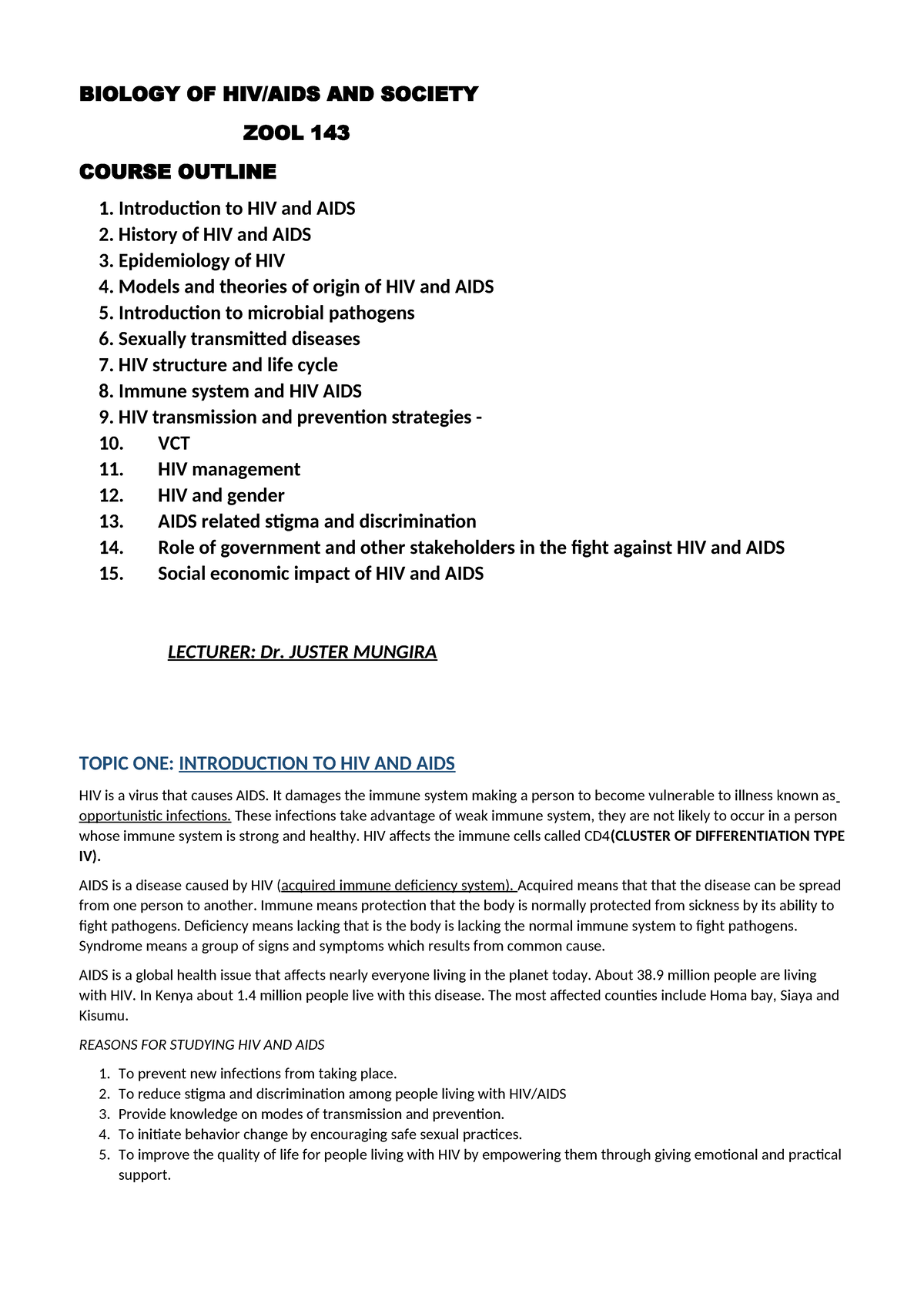Biology of HIV: ZOOL 143 Course Outline and Key Concepts - Studocu
