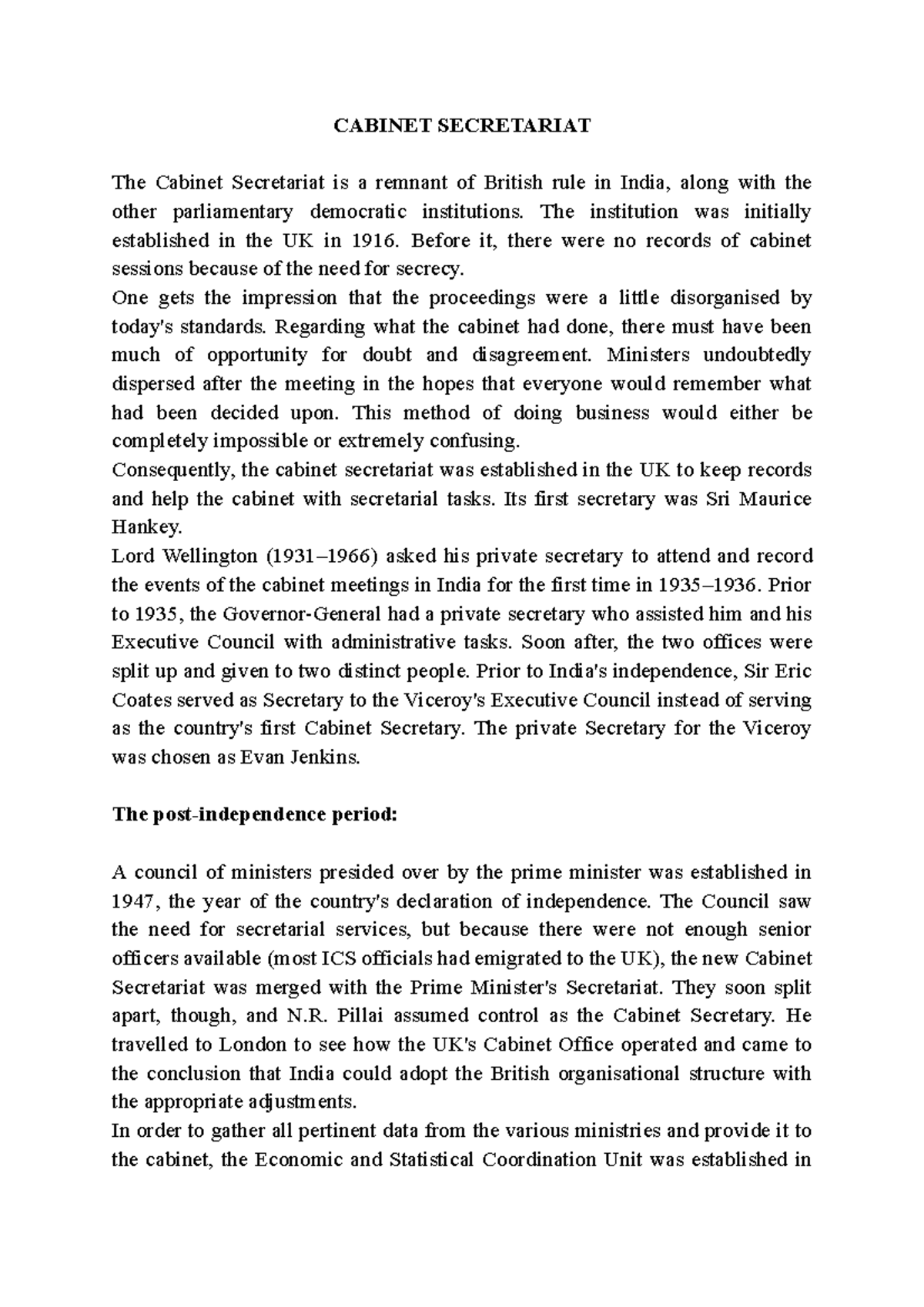 Historical Overview of the Cabinet Secretariat in India - Studocu