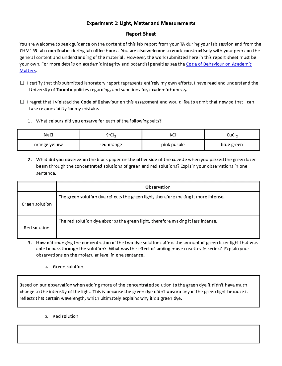 CHM135 Final Lab Report: Kinetics of Dye and Bleach Reaction - Studocu