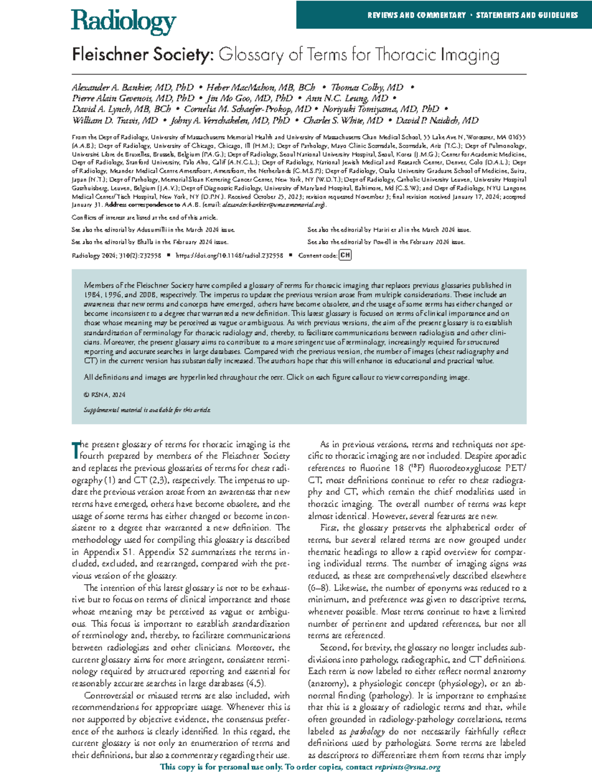 Fleischner Society: 2024 Glossary of Terms for Thoracic Imaging - Studocu