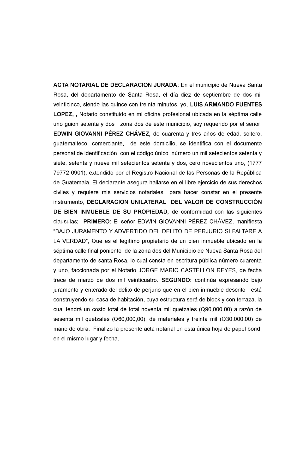 ACTA NOTARIAL DE DECLARACION JURADA - EDWIN GIOVANNI PÉREZ - Studocu