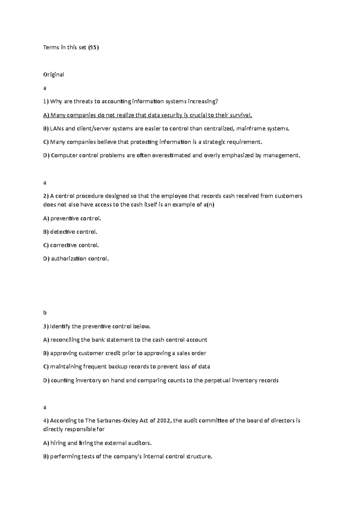 AIS Quiz Answers and Key Concepts on Internal Controls - Studocu