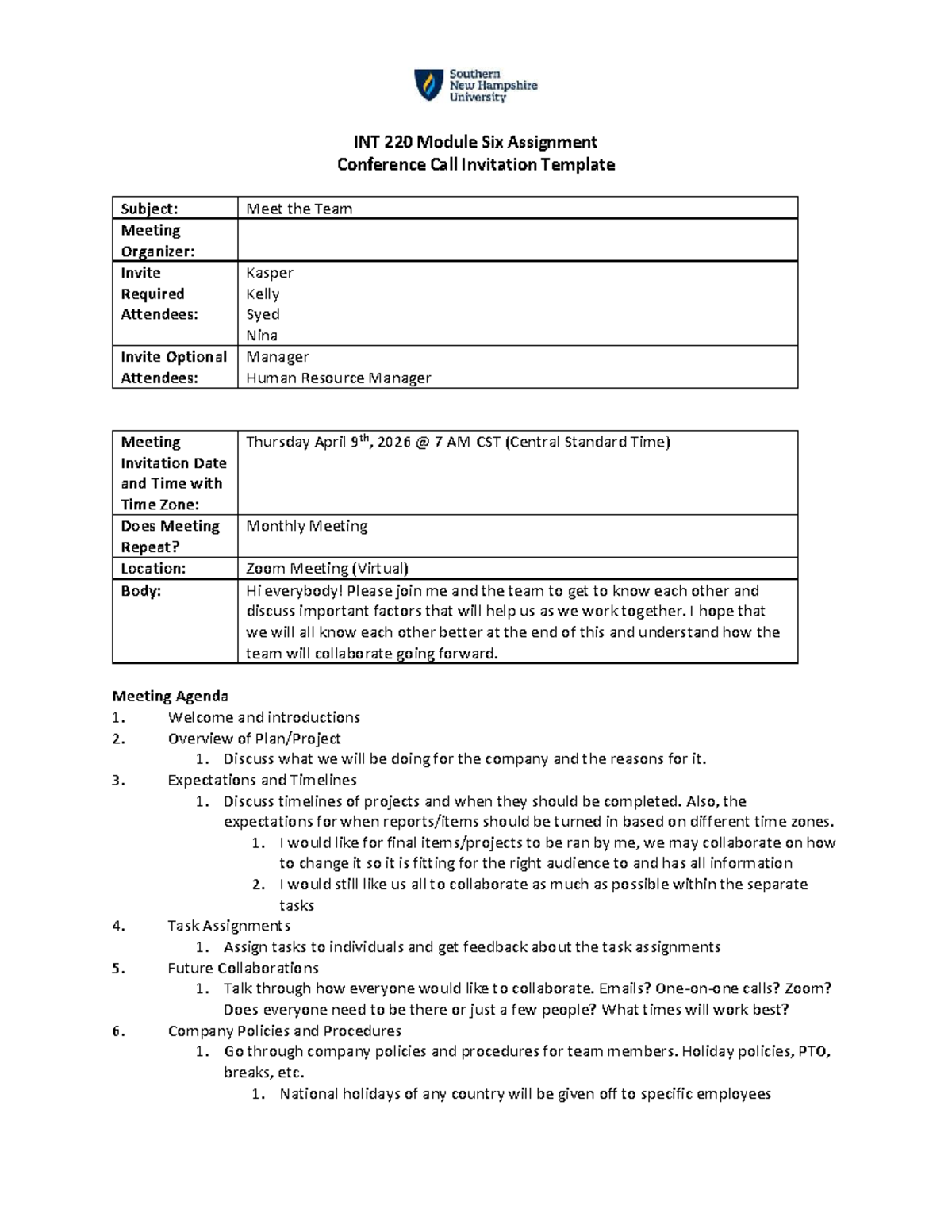 INT 220 Module Six Assignment: Conference Call Invitation Template ...