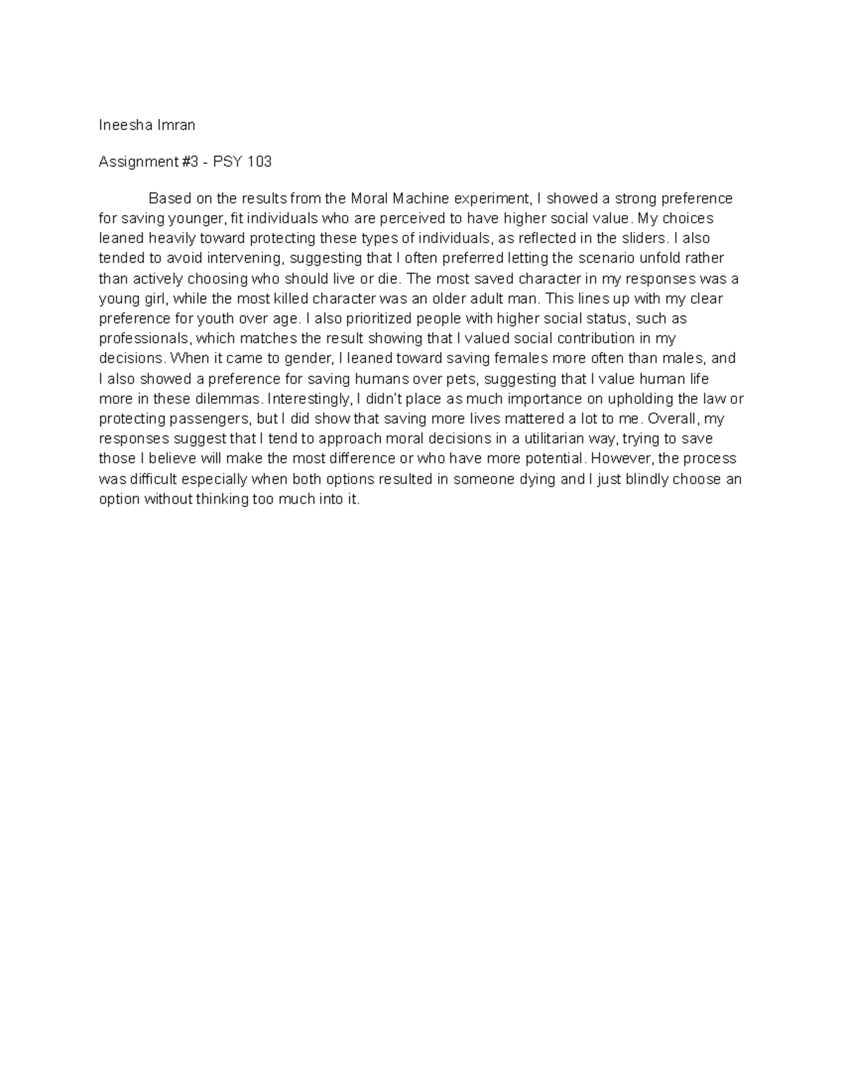 Assignment 3 - Ineesha Imran Assignment #3 - PSY 103 Based on the ...