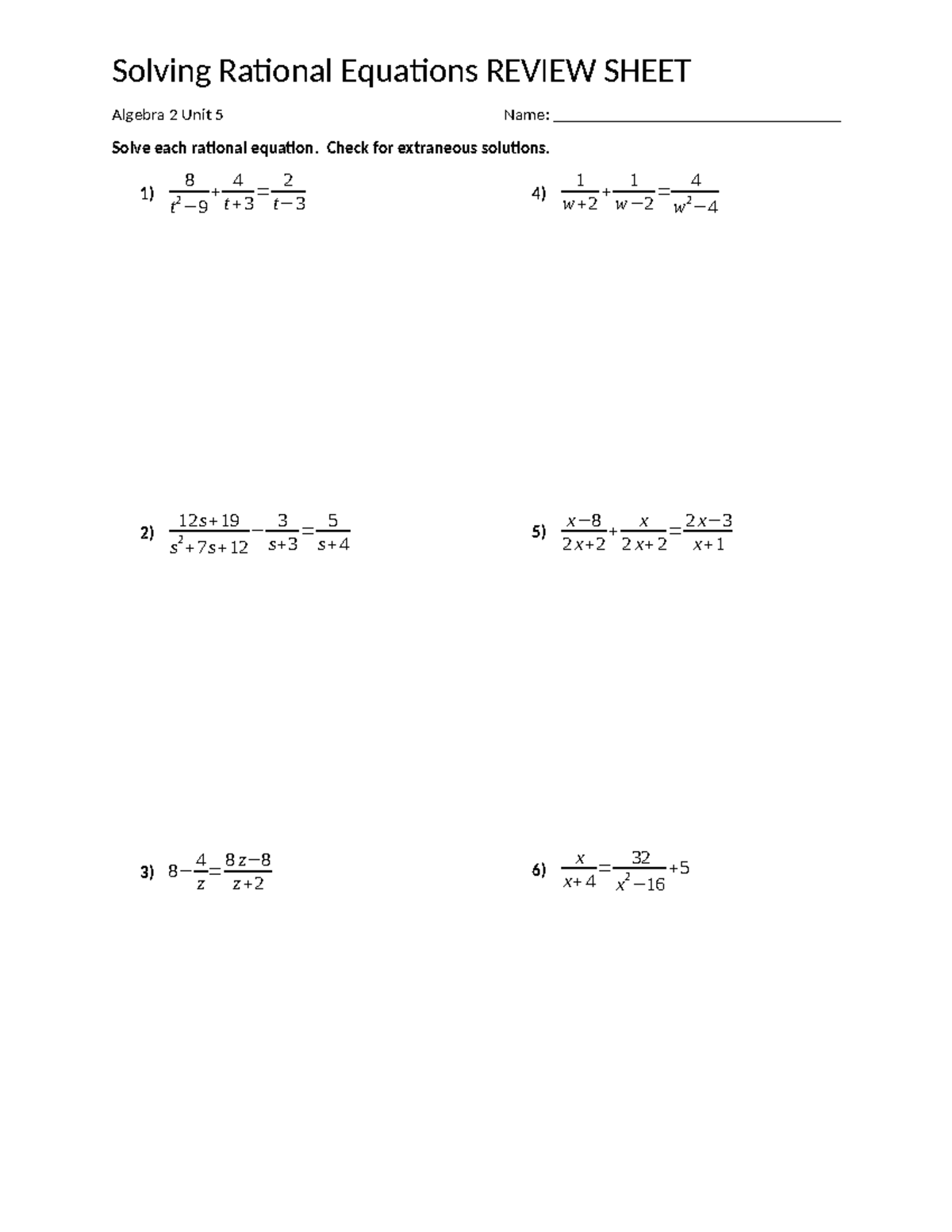 Algebra 2 Unit 5: Solving Rational Equations Review Sheet - Studocu