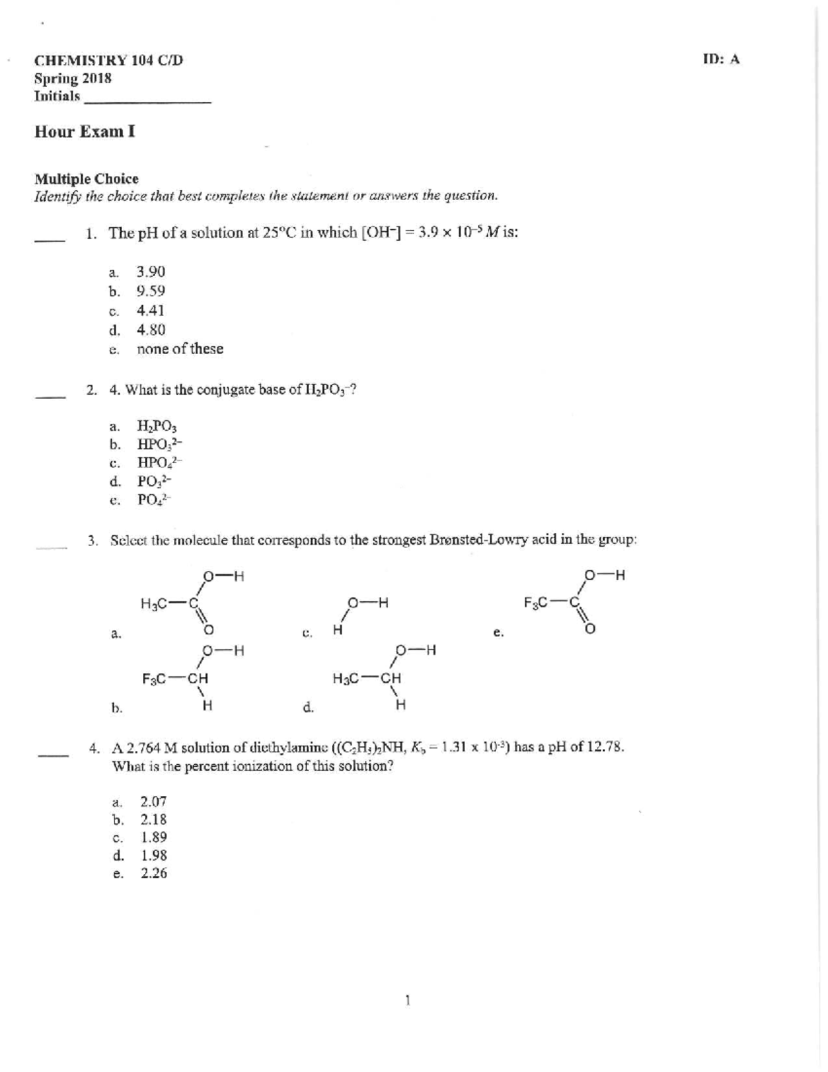 CHEMISTRY 104 Spring 2018 Exam I Multiple Choice Questions - Studocu