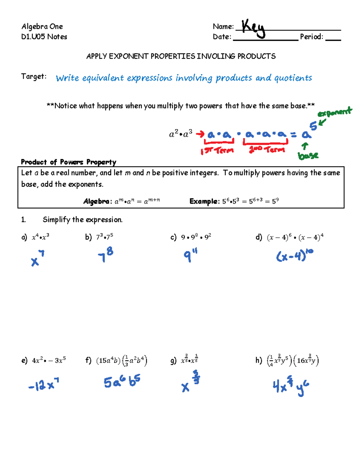 D1.U05 Notes - Apply Exponent Properties Involving Products (Key) - Studocu