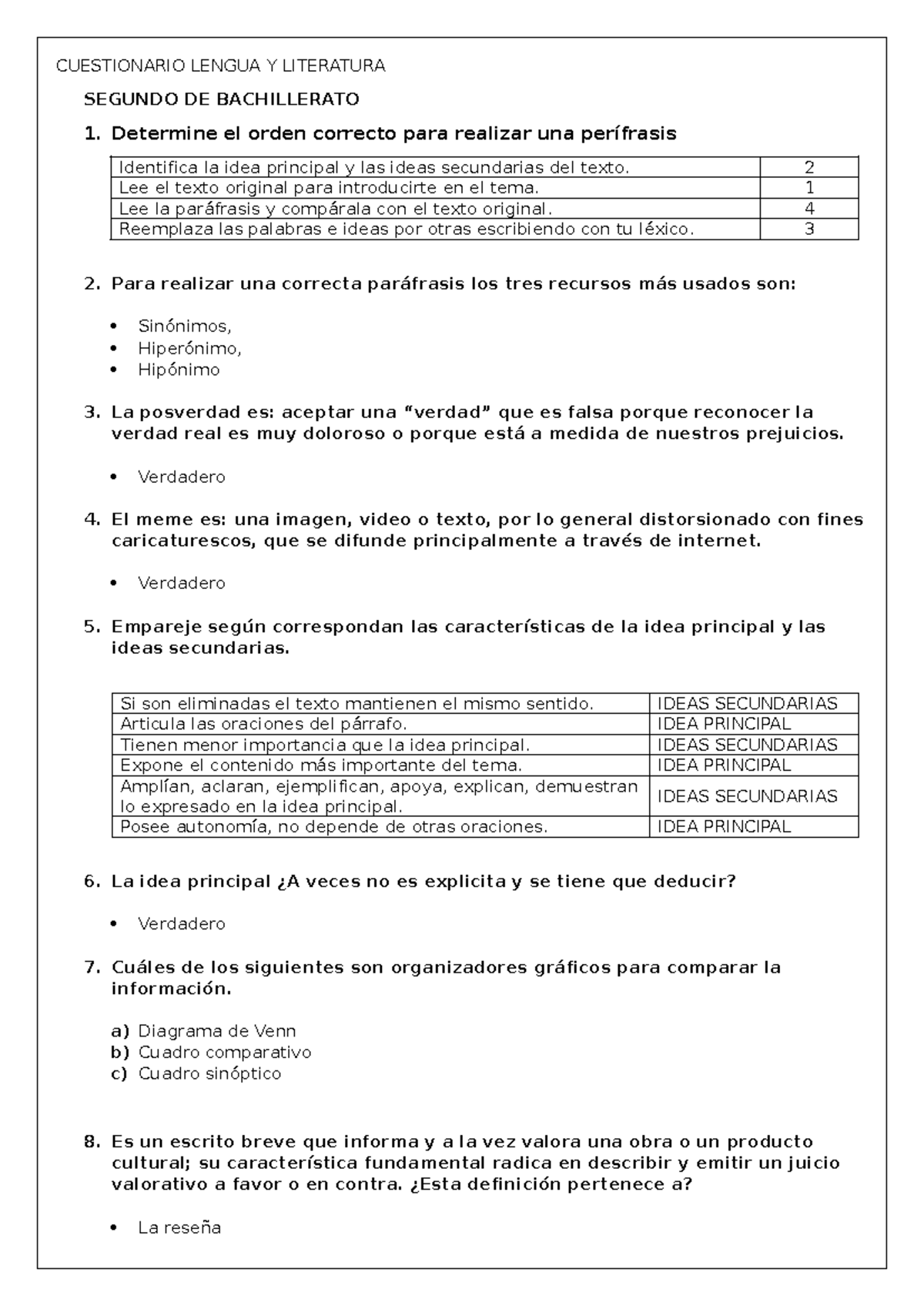 Cuestionario Lengua y Literatura para Segundo de Bachillerato - Studocu