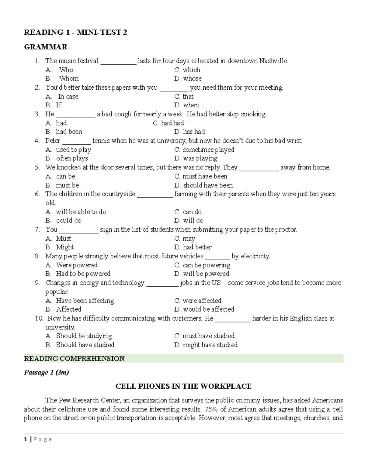 Reading 1 Minitest 2 (updated) - READING 1 - MINI-TEST 2 GRAMMAR The ...