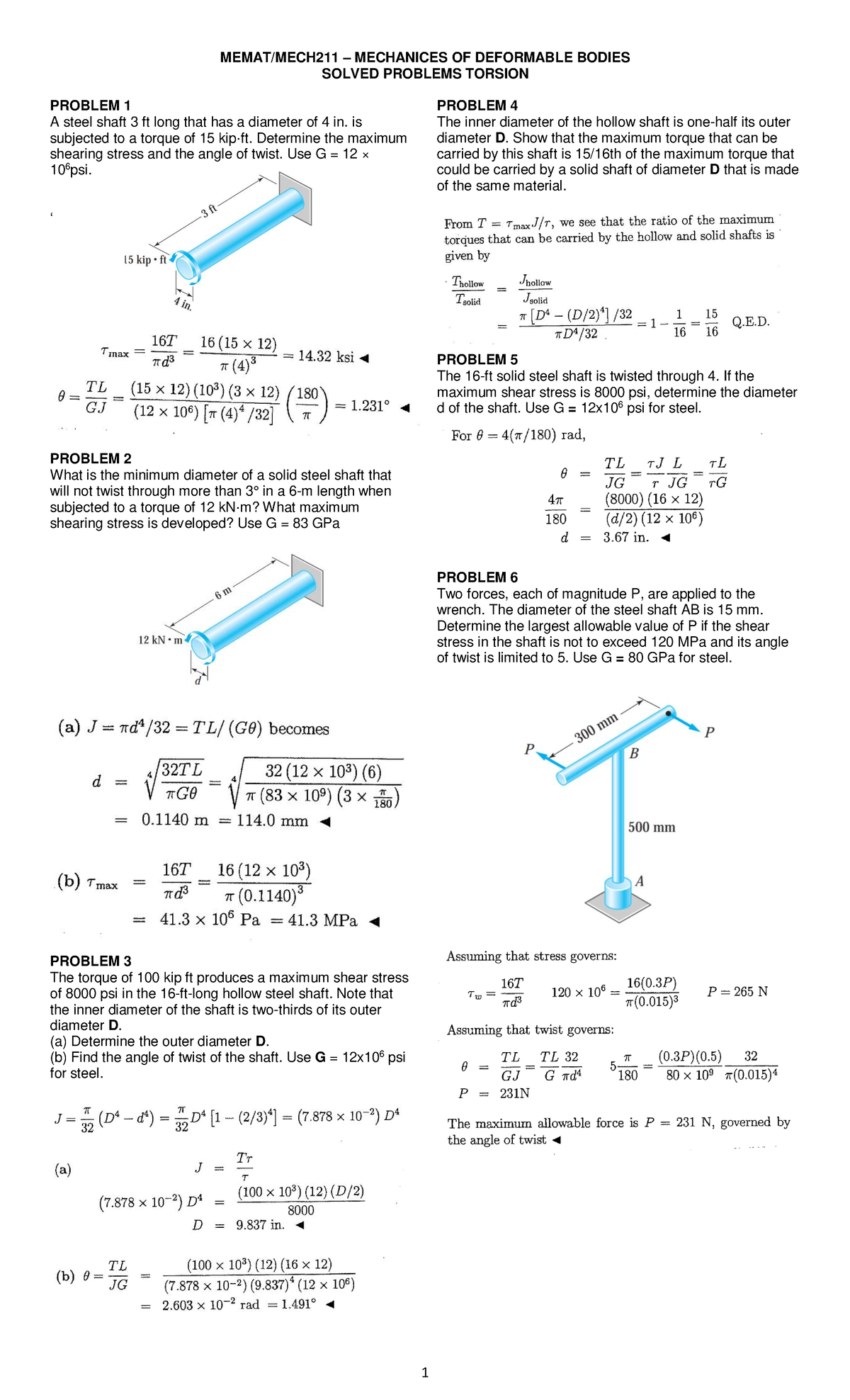 Solved Problems on Torsion Mechanics: Steel Shaft Analysis - Document Preview